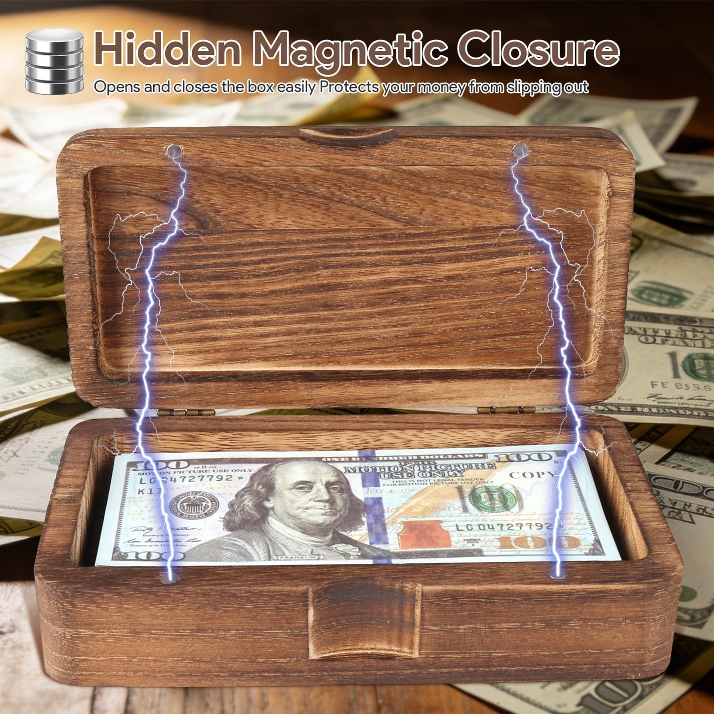 Mczxon Wooden Currency Money Cash Tray with Hinged Lid and Magnetic Closure, Vintage Single Compartment Cash Case Bank Organiser Storage Money Bill Currency Box Holder Container Moneyboxes
