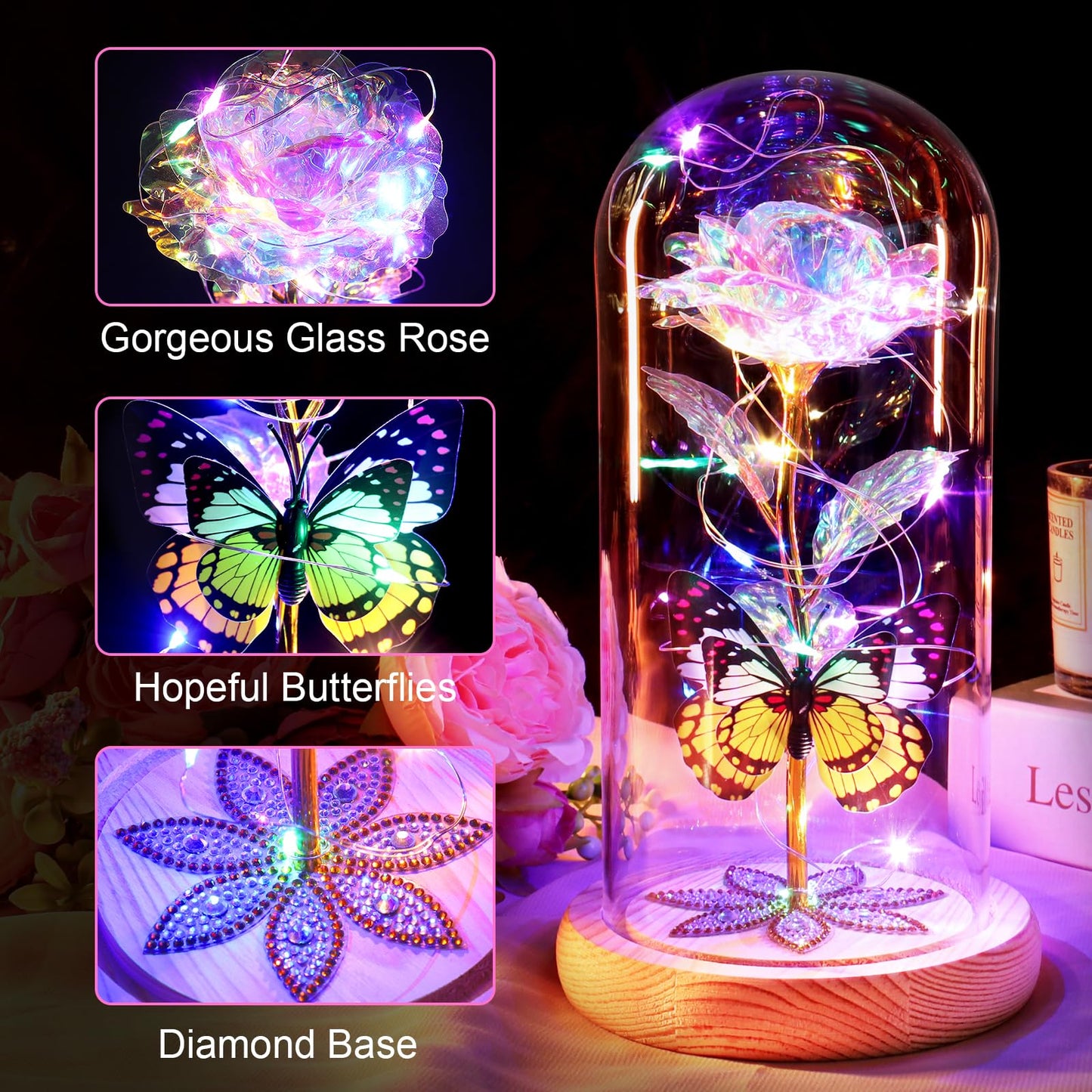 Beferr Birthday Gifts for Women Galaxy Glass Rose Forever Preserved Flowers for Delivery Light Up Rose in Glass Dome Mothers Day Butterfly Gifts for Mom Wife Grandma Her Daughter Girlfriend