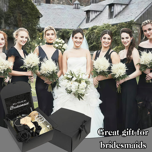 HOMENERGY Bridesmaid Proposal Gifts Set 6 - "Will You Be My Bridesmaid Kit with Elegant Box Jewelry Box Glass Cup Invited Cards Knotted Bracelets Sunglasses Scrunchies Raffia Grass (Black, 54 Pcs