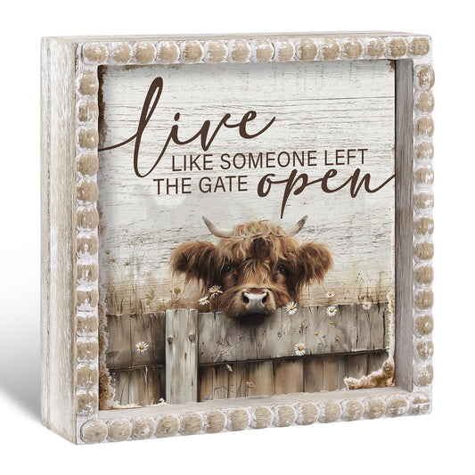 Yousoontic Highland Cow Farmhouse Bathroom Decor Wooden Sign Rustic Western Bathroom Decor 6 Inch Funny Restroom Decorative Plaque for Home Kitchen Shelf Table (Live Like Someone Left the Gate Open)
