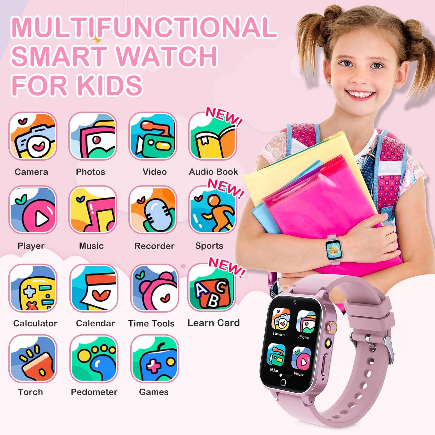 Bakoor Smart Watch with Games, Kids Watch Gift for Girls Age 5-12, 1.54'' HD Touch Screen Watches with Video Camera Music Player Pedometer, Toys Birthday for Boys Ages 4 5 6 7 8
