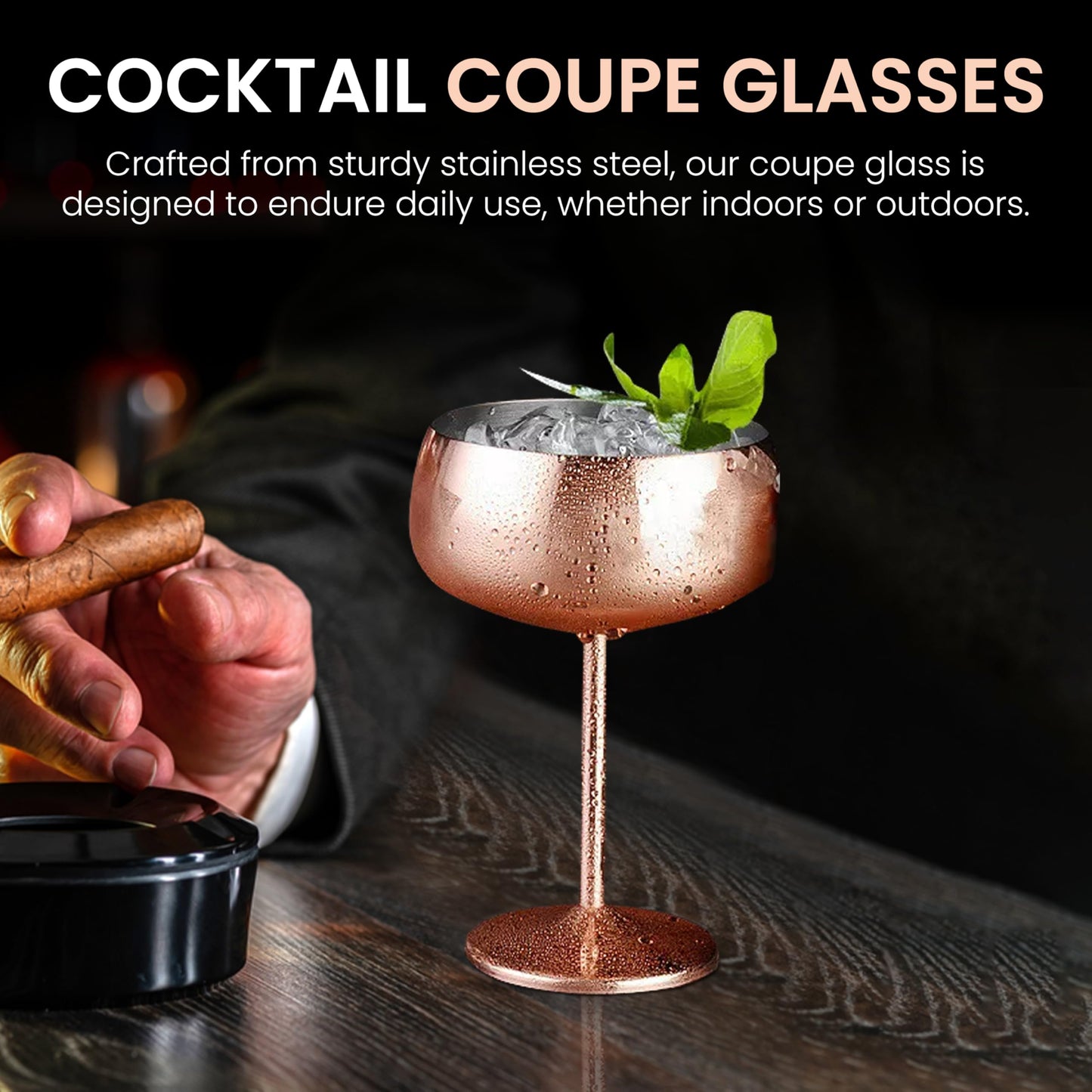 TMNOVO Cocktail Coupe Glasses, Espresso Martini Glasses Set of 4, Stainless Steel Champagne Cocktail Glasses & Mug Cups, 15 oz Mirrored Copper Martini Glass Gift Set