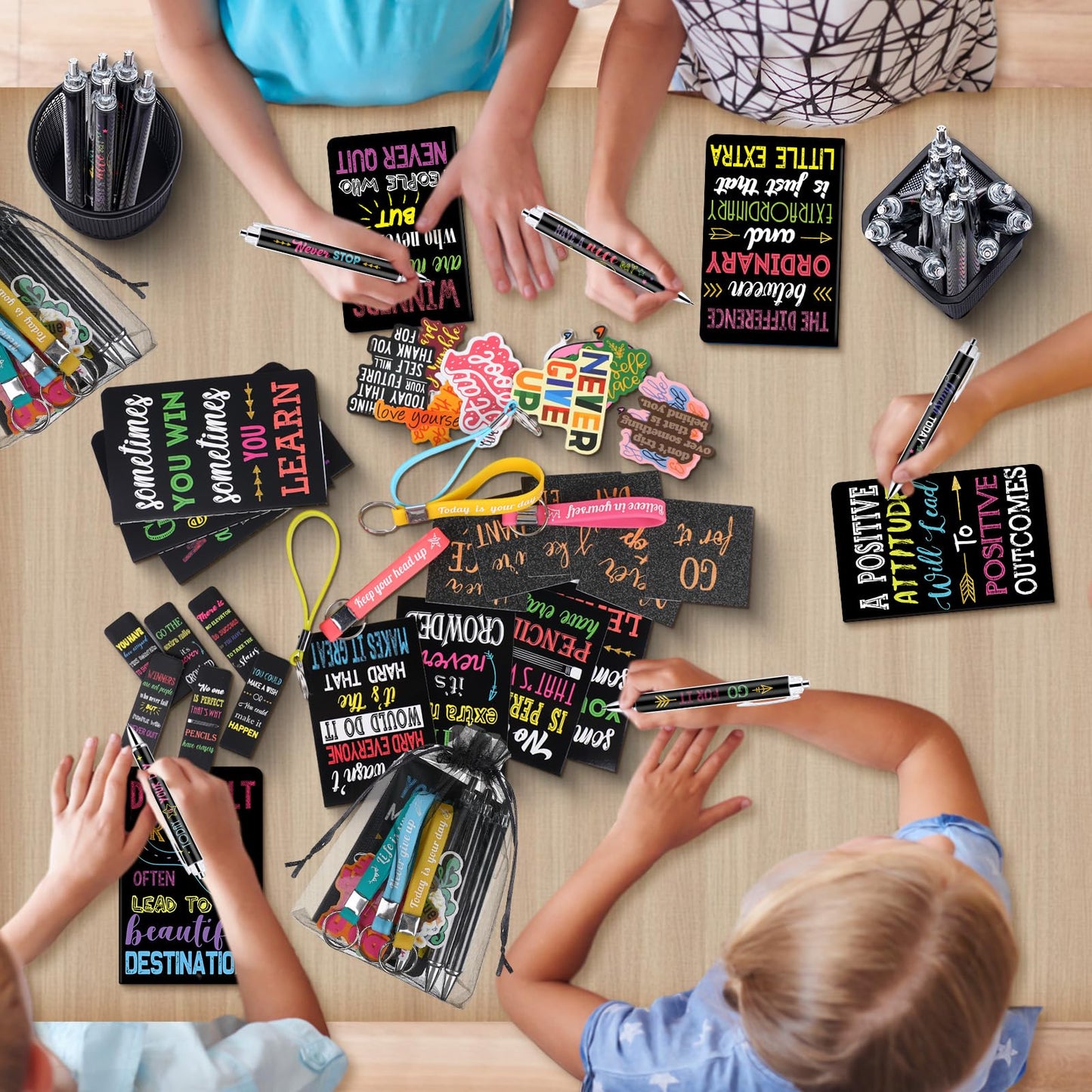 Pasimy 218 Pcs Inspirational Stationery Gifts Motivational Mini Notepad Pen Quote Bookmarks Stress Relief Stickers Inspiring Silicone Keychains for Home Office Appreciation Gift(Dark)