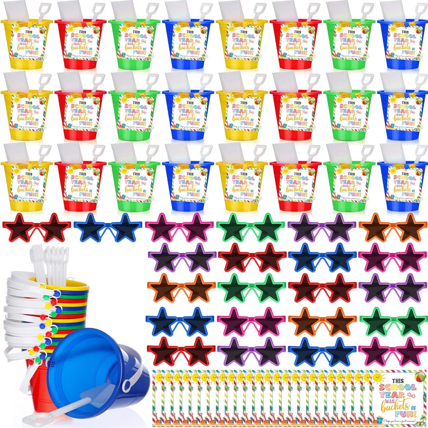 PullCrease 24 Set End of Year Students Beach Sand Bucket with Shovels Gift from Teacher Bulk Neon Sunglasses Cards Preschool Kindergarten Graduation Gifts for Beach Summer Party(Star,Colorful)