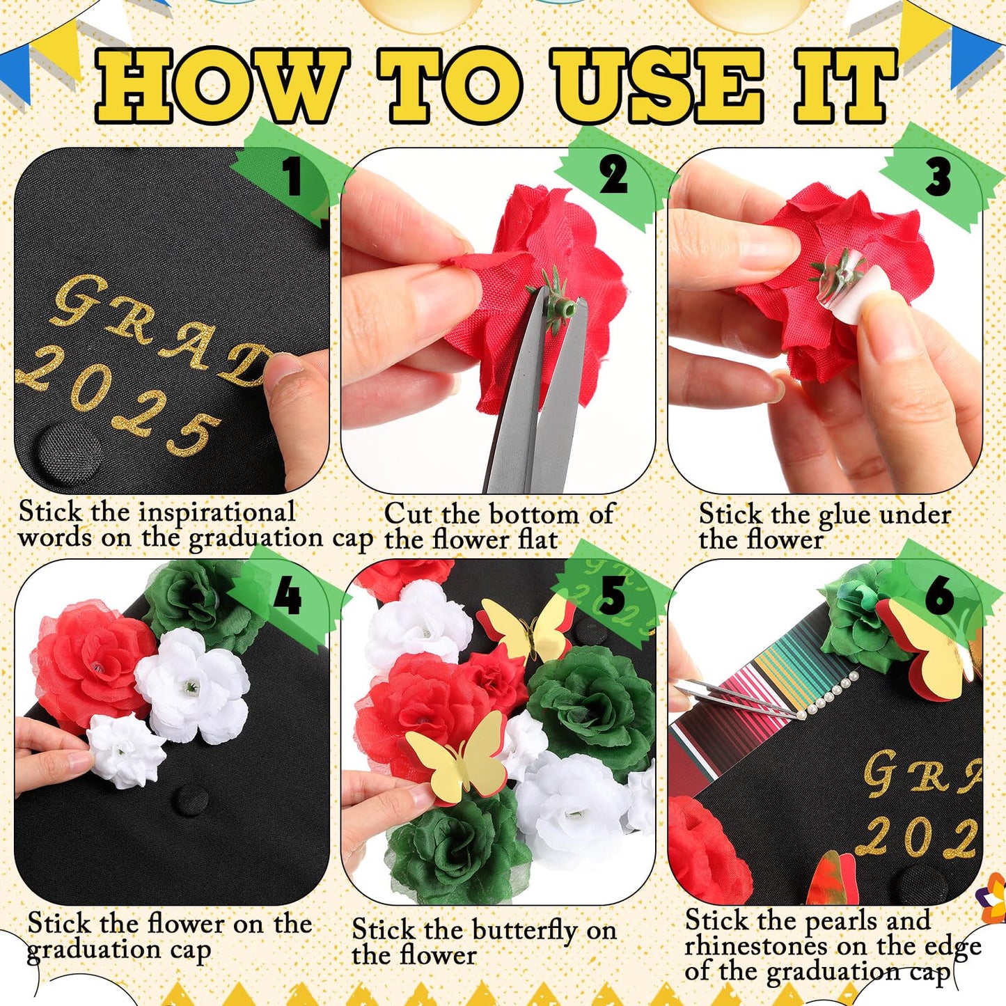 Knitgrip 41 Pcs DIY Mexican Graduation Cap Decorations Kit Graduation Stole Faux Flower Heads Graduation Quotes 3D Butterfly Glitter Letter Stickers Pearl Stickers for Graduation Cap Decoration Craft