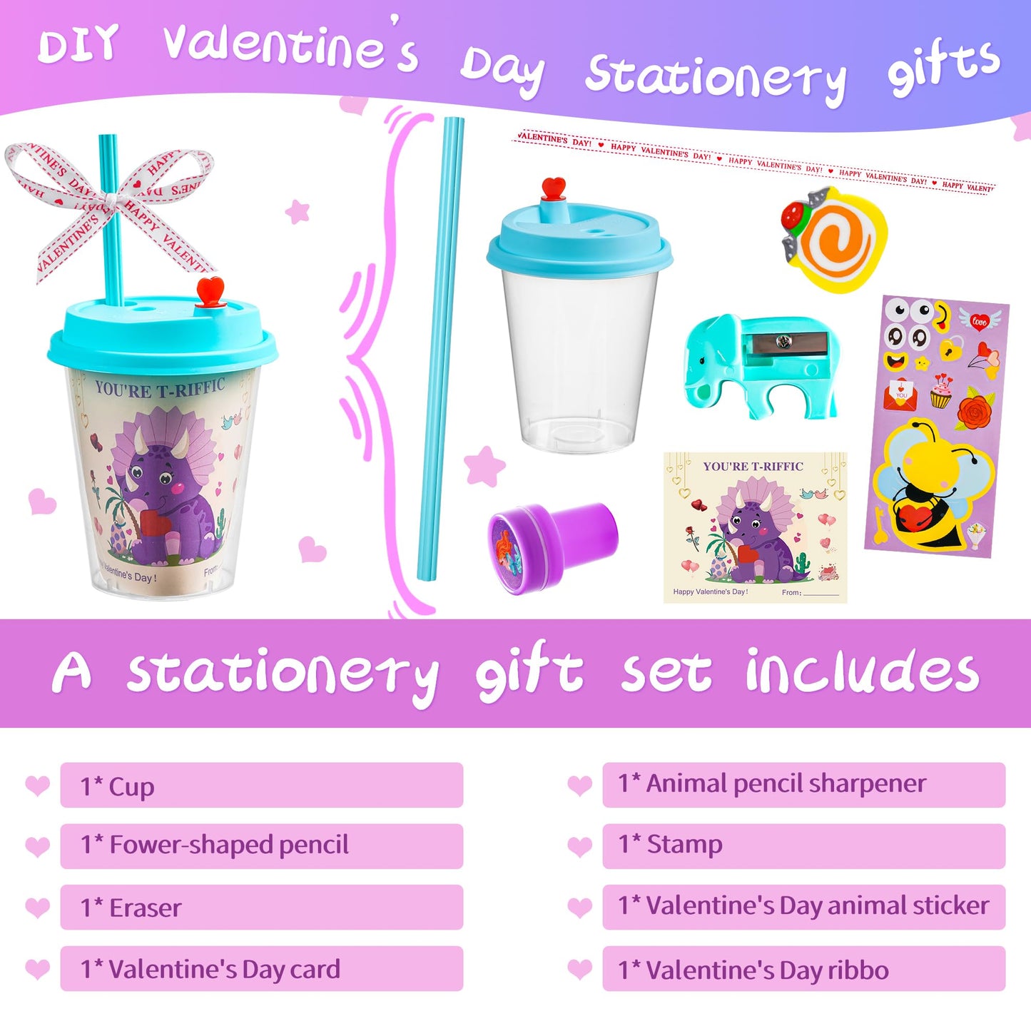 24 pcs Valentines Day Gifts for Kids Classroom - Valentines Day Stationary Set Gift with Cards for School,Valentine exchange valentines party favors for kids boys girls,Valentines goody bag filler.