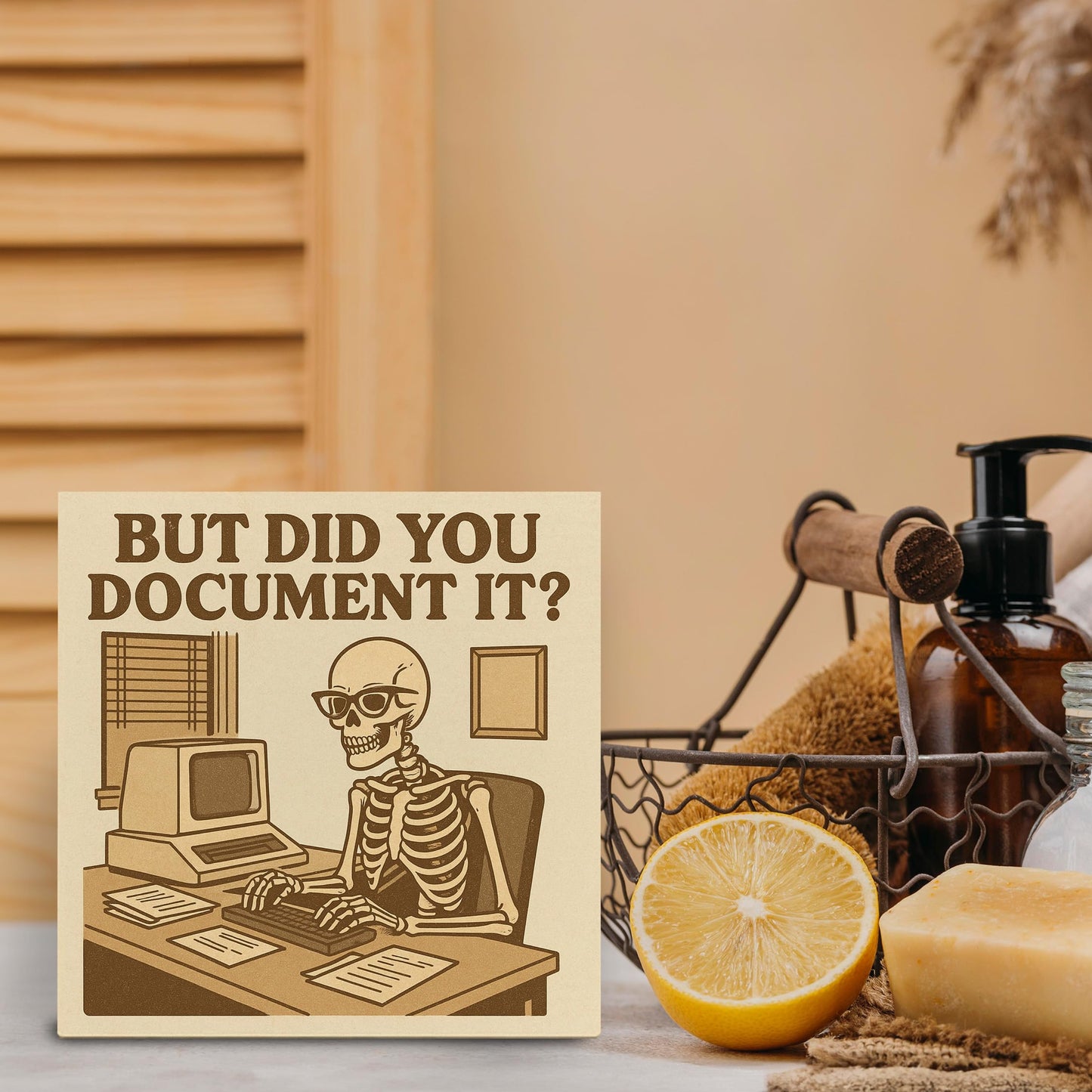 Kneaotoaji Funny Skull Wooden Sign - Retro Gothic Office Decor, Work Gifts for Boss Coworkers Women Men, But Did You Document Wooden Box Sign for Office Table Desk Shelf Decoration, 5x5 Inch