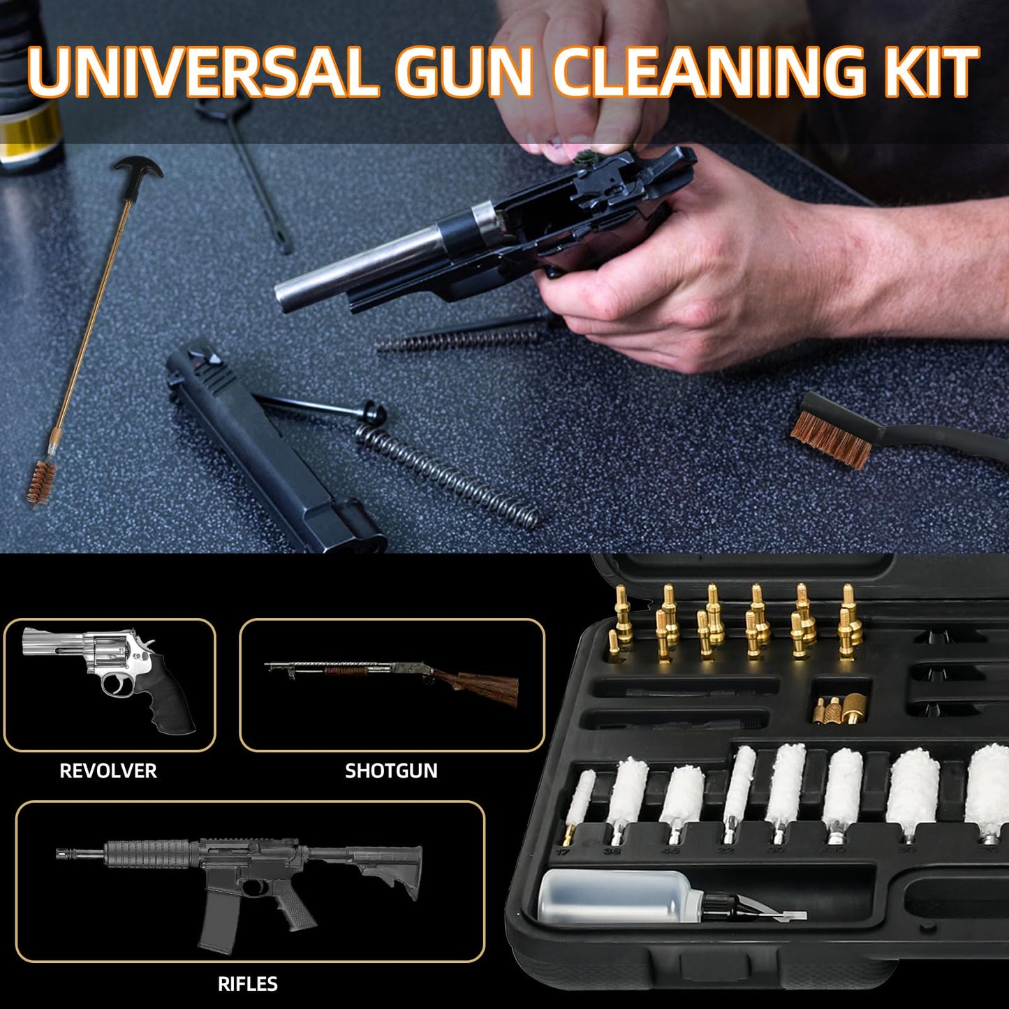 XKV Universal Gun Cleaning Kit for Pistol,Shotgun,Rifle,Airgun,Revolver and Gun Accessories,for Hunting and Shooting,Cleaning Kit with Portable Case,Brushes,Jags and Adapters - Gifts for Men