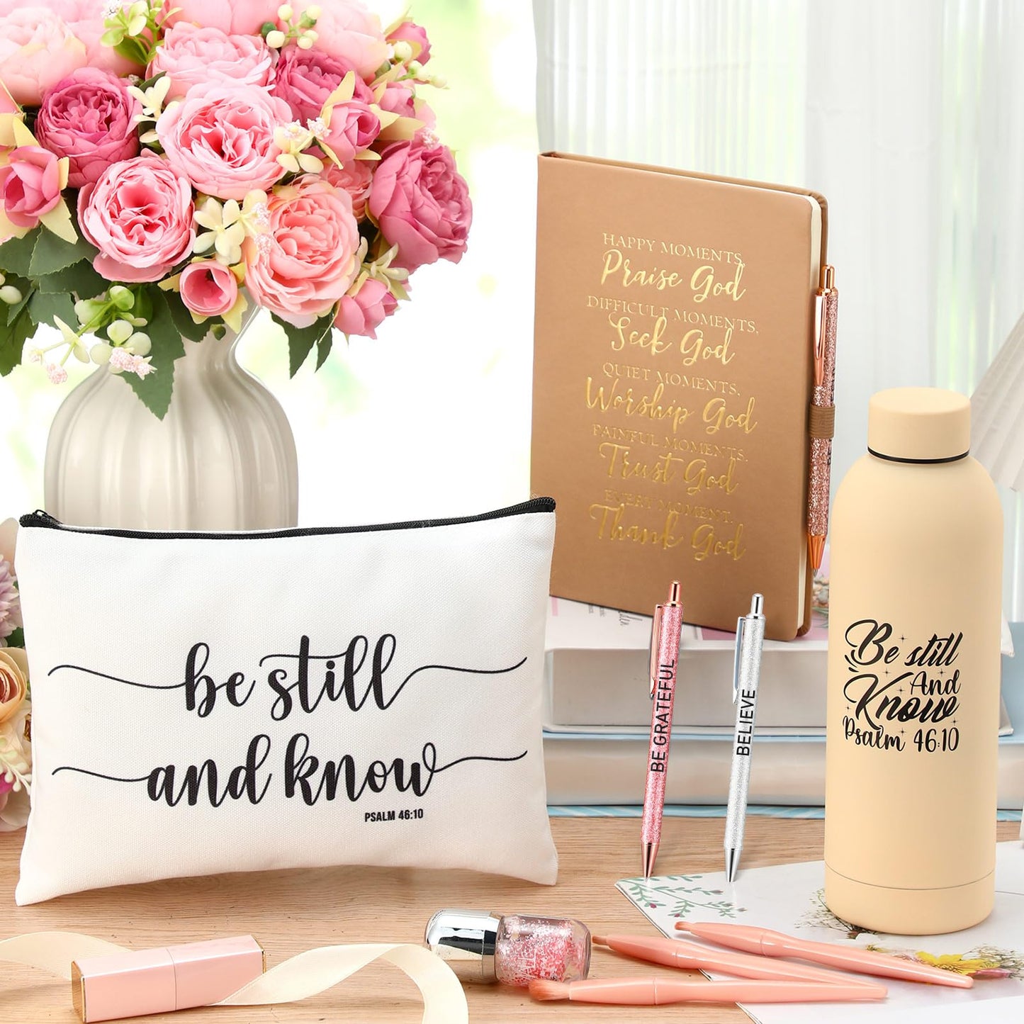 SiliFine 6 Pcs Christian Gifts for Women Be Still and Know Faith Religious Inspirational Thank You Gift Spiritual Birthday Christmas for Water Bottle Cosmetic Bag(Yellow)
