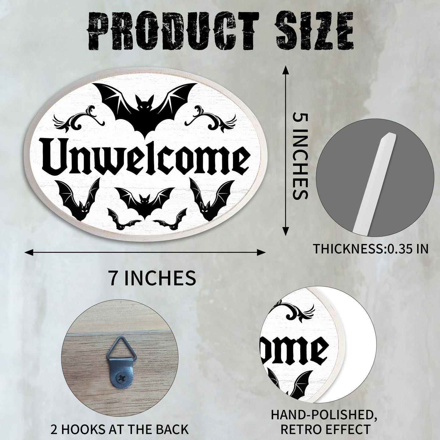 5" x 7" Gothic Wooden Hanging Sign - Unwelcome - Funny Hanging Plaque Decor For Room Office Party Wall - Dark Bats Wall Art Gifts For Family & Friends - A04