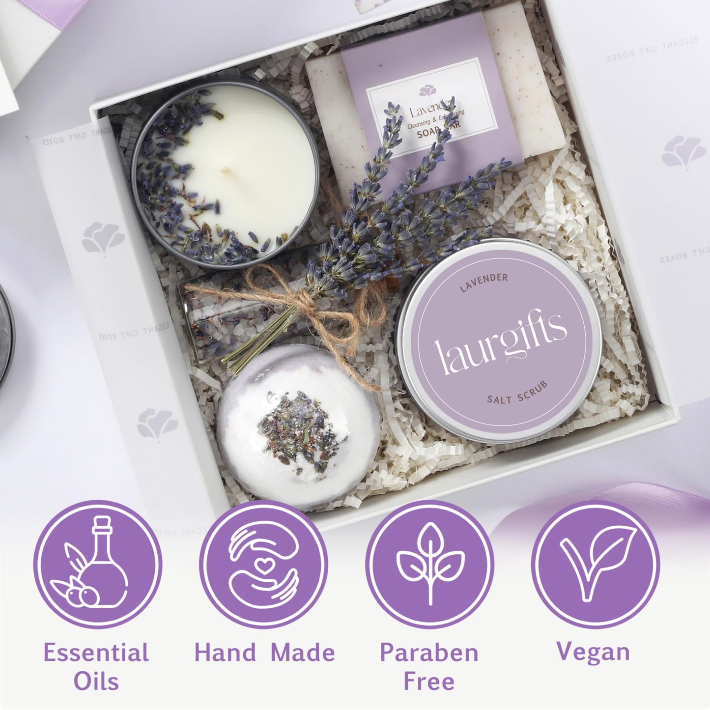 Mothers Day Gifts for Mom – Lavender Spa Gift Box, Small Candle Set with Bath Gifts, Relaxing Self Care Basket, Birthday Gift for Women