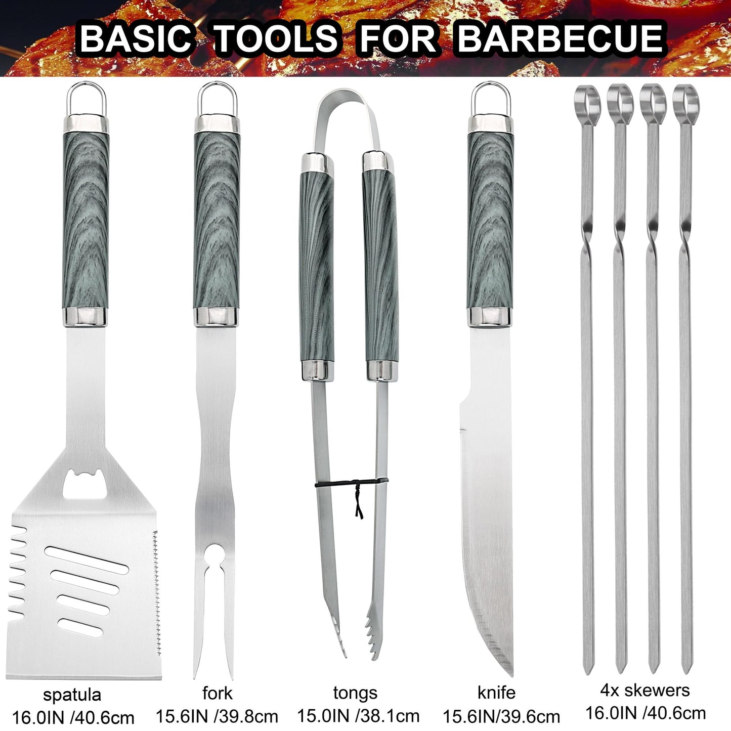 grilljoy 24PCS BBQ Grill Tools Set with Meat Thermometer and Injector - Extra Thick Stainless Steel Fork, Spatula& Tongs - Complete BBQ Accessories in Aluminum Case - Perfect Grill Gifts for Men Grey
