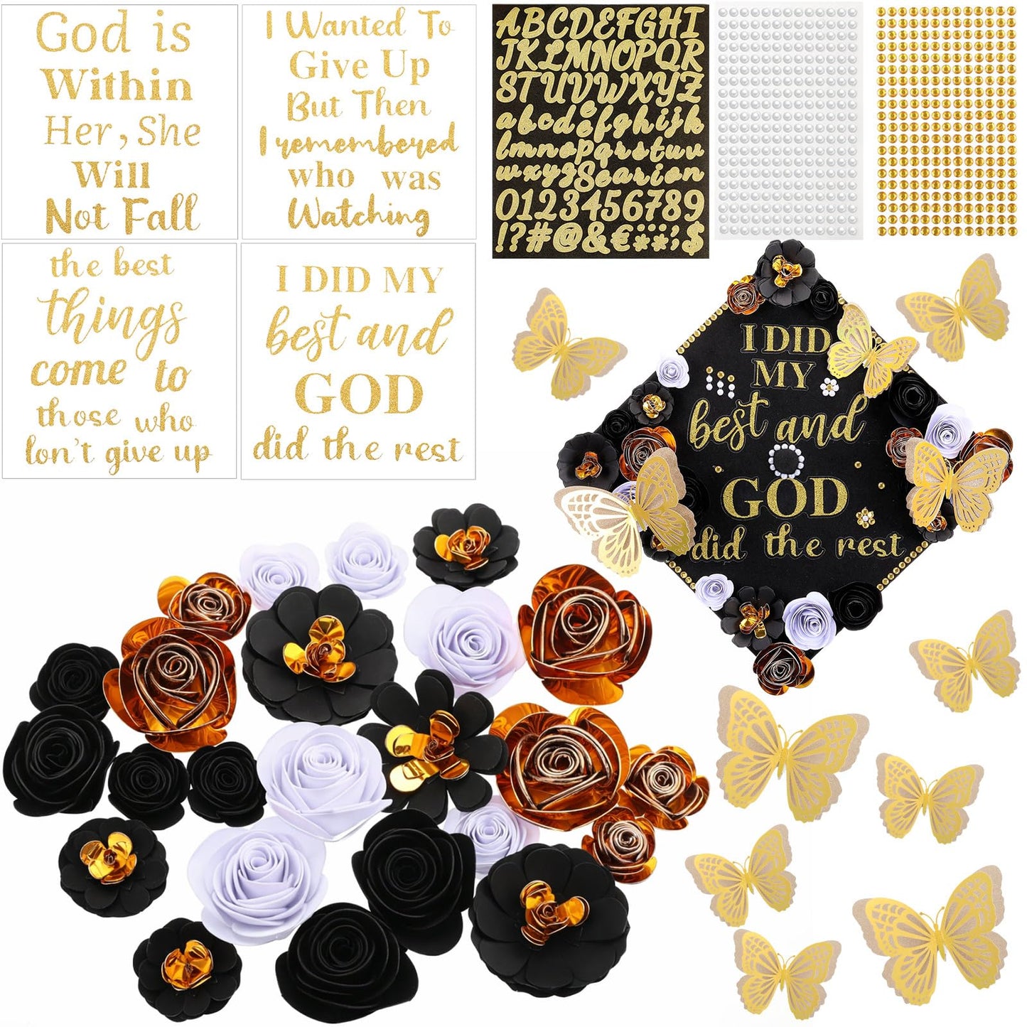 Feifeiya 44 Pcs DIY Graduation Cap Decoration Accessory Kit Faux Paper Flower Head Graduation Quote Glitter Sticker 3D Butterfly Pearl Rhinestone Sticker for Grad Cap Topper Gift (Black Gold)