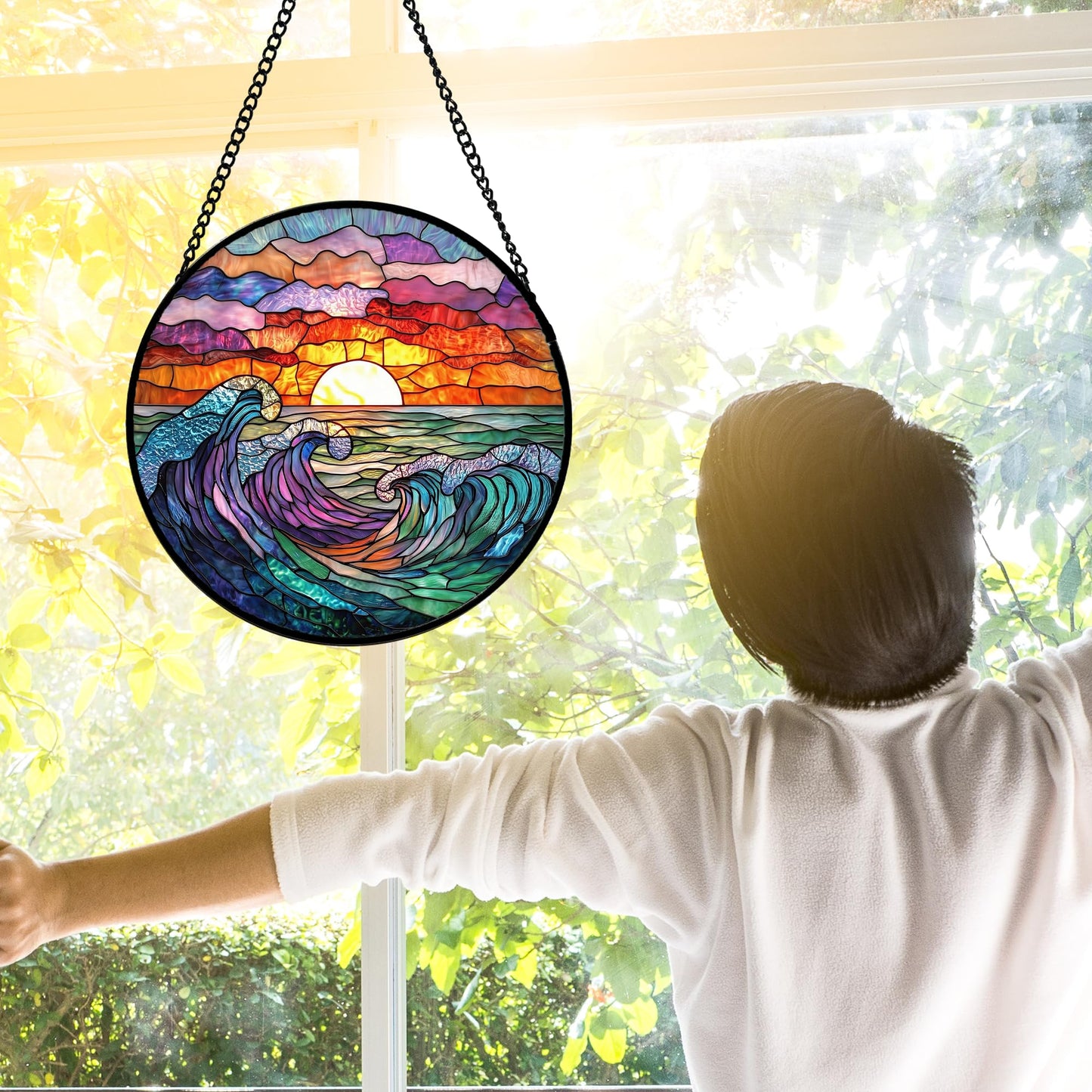DASTOLL Stained Glass Window Hanging, Clouds and Sea Waves Suncatcher Diamond Glass Panel Hangings Scenery Sun Catchers Decor for Birthday for Women, Men, Wife, Aunt, and Mom 9.8 in