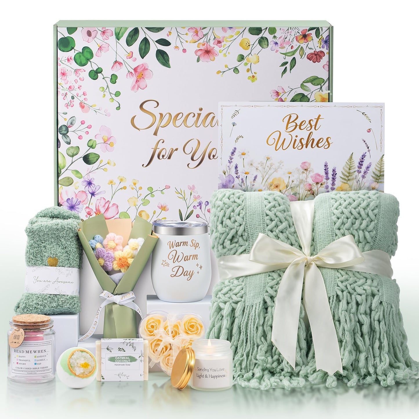 Birthday Gifts for Women, 11 Pcs Sage Green Self Care Package Get Well Soon Gift Baskets, Inspirational Thinking of You Thank You Gift with Bath Spa Gift Set - Unique Gifts for Women