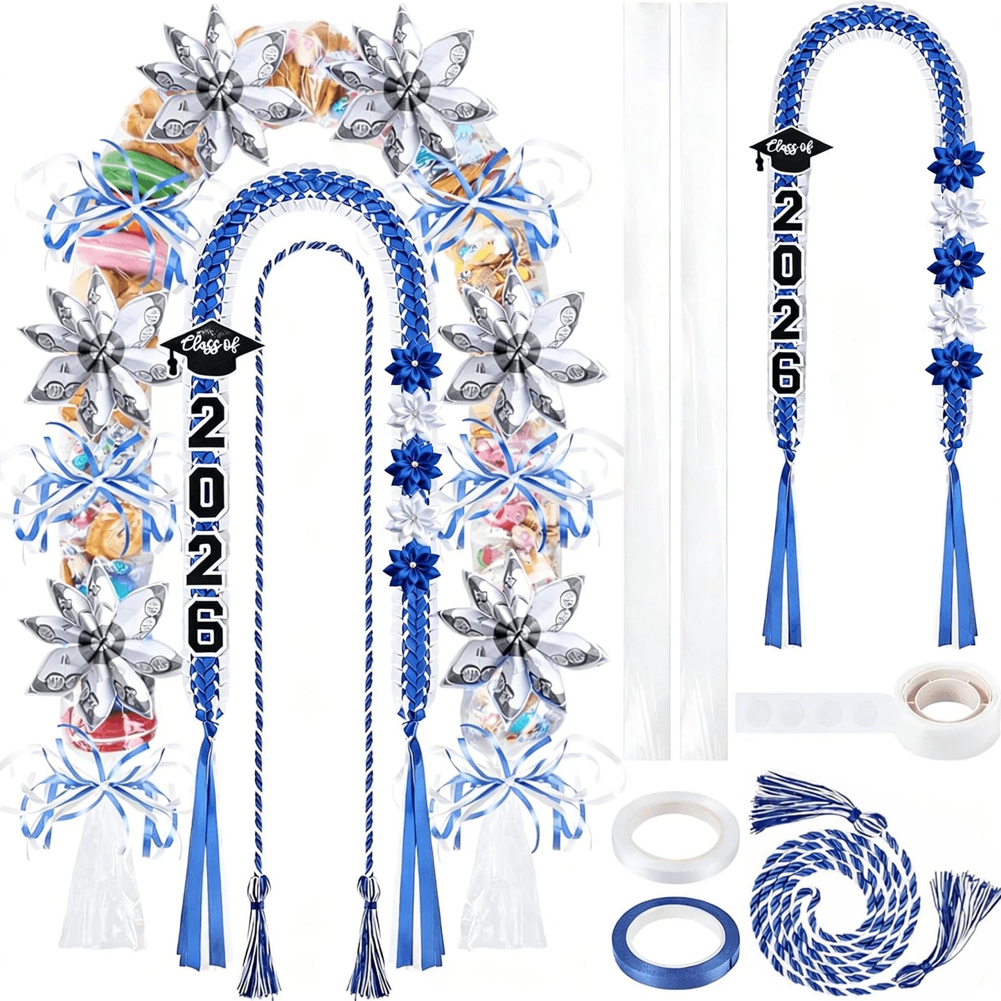 Nextholix Class Of 2026 Graduation Lei Kit DIY Black Gold Candy Lei Making Supplies With Cap Stickers Flower Decor Ribbon Cord For High School College Ceremony Party Favor Photo Prop Gift (Blue White)