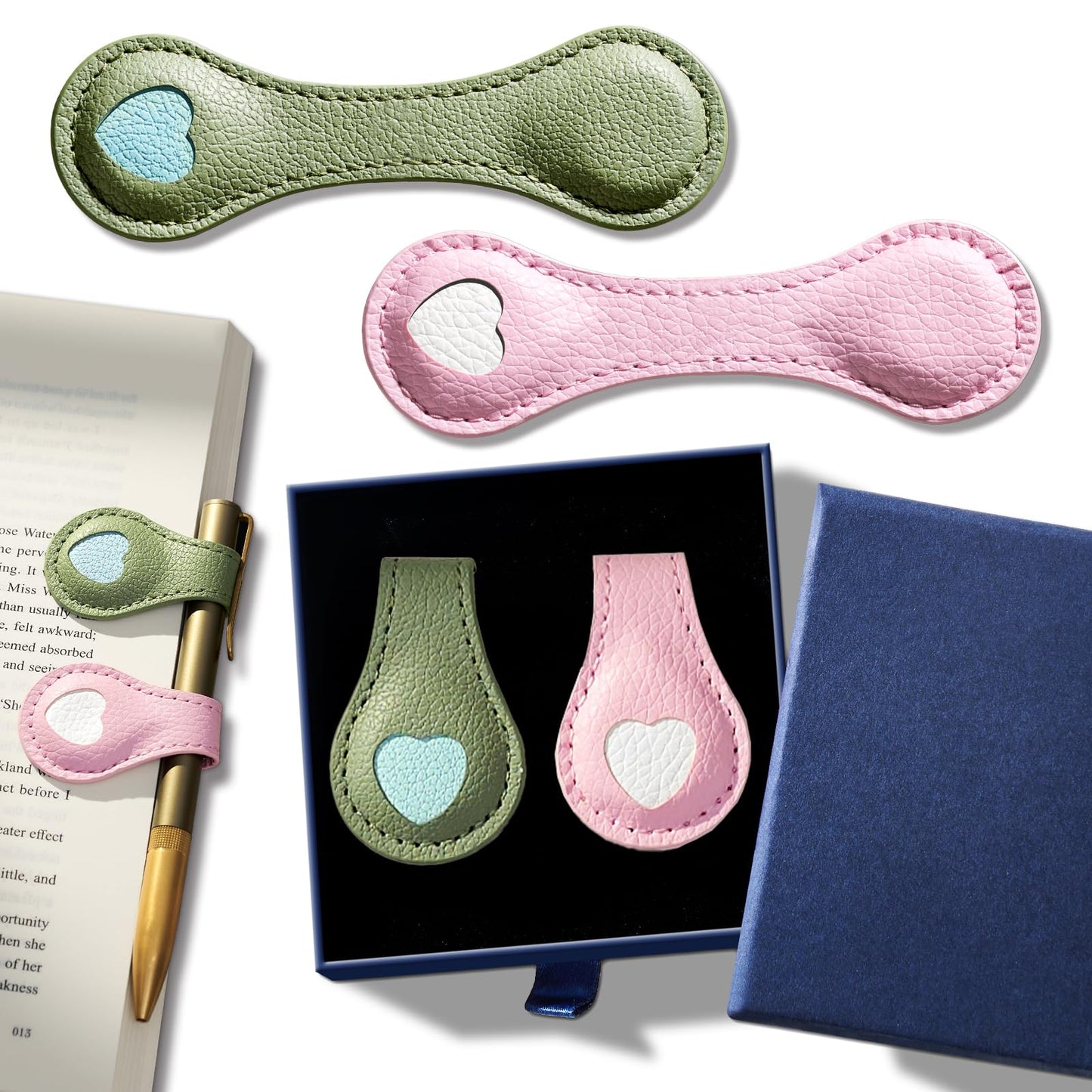 2Pcs Magnetic Leather Bookmarks with Gift Box Magnetic Pen Holder Book Marks Clip Gift for Book Lover Readers Men Women Teachers Students, Heart (Pink+Green)