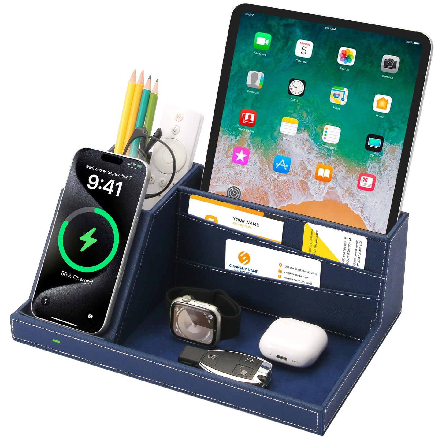 Desk Organizer with Charging Station, Nightstand Organizer Phone Docking Station, Men Gift Husband Wife Anniversary Dad Birthday Nightstand Purse Father Graduation Male Travel Idea Gadgets