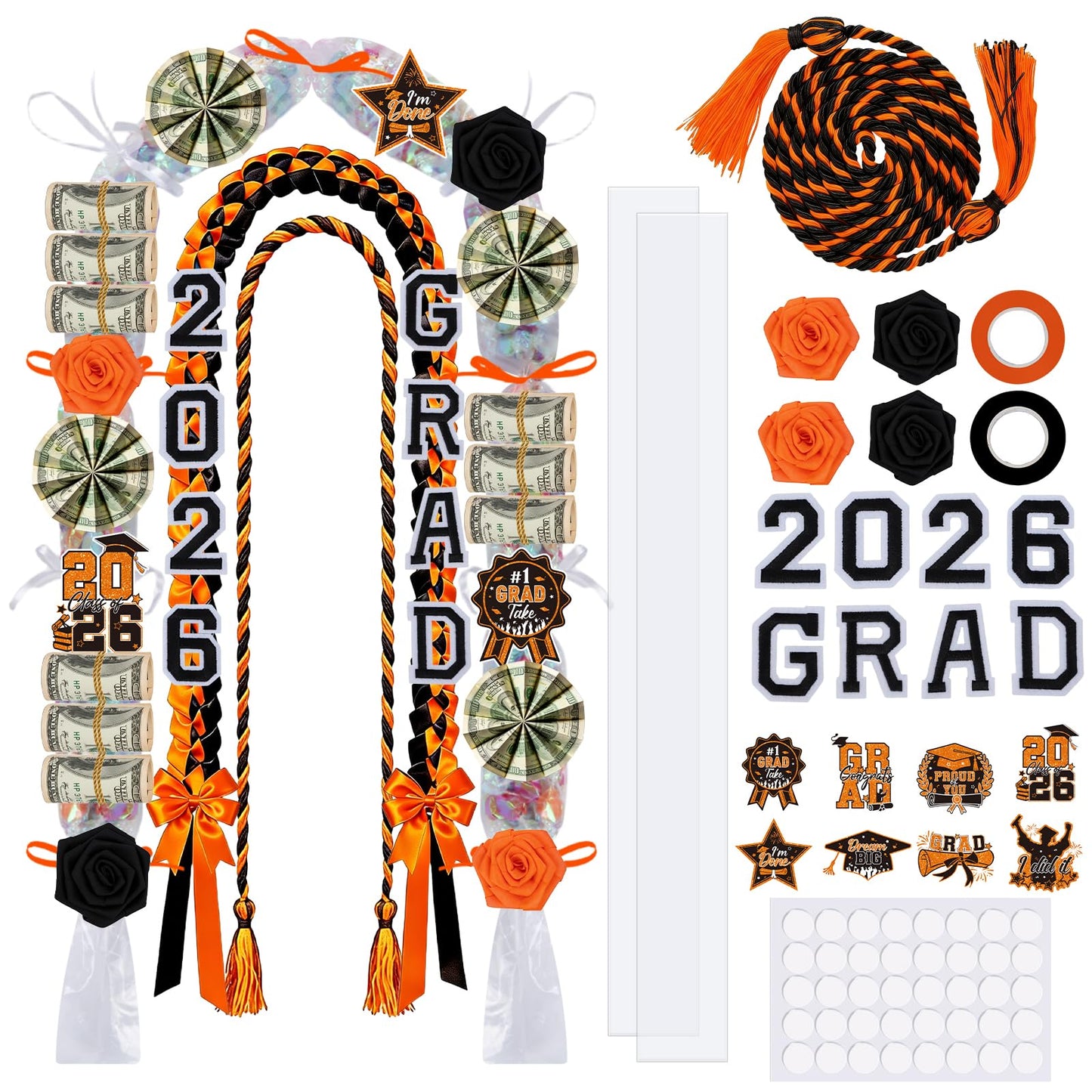Hamdwerk 26Pcs 2026 Graduation Candy Leis Making Kit, Class of 2026 Graduation Ribbon Lei, Double Braided Necklace Decorations with Flower Patches Honor Cord for DIY Graduate Gifts Party Supplies