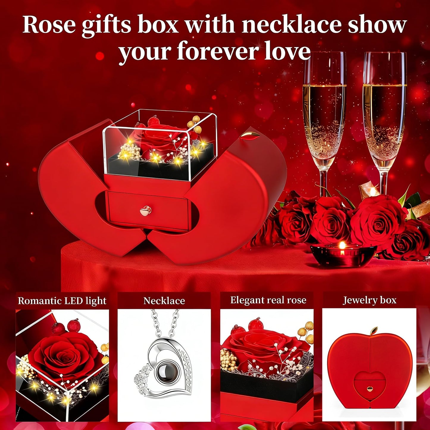 Lebana Preserved Red Real Rose with I Love You Necklace, Mothers Day Gifts for Mom Women Her Wife Girlfriend Grandma Birthday Mothers Day Valentines Christmas Anniversary Romantic-Red