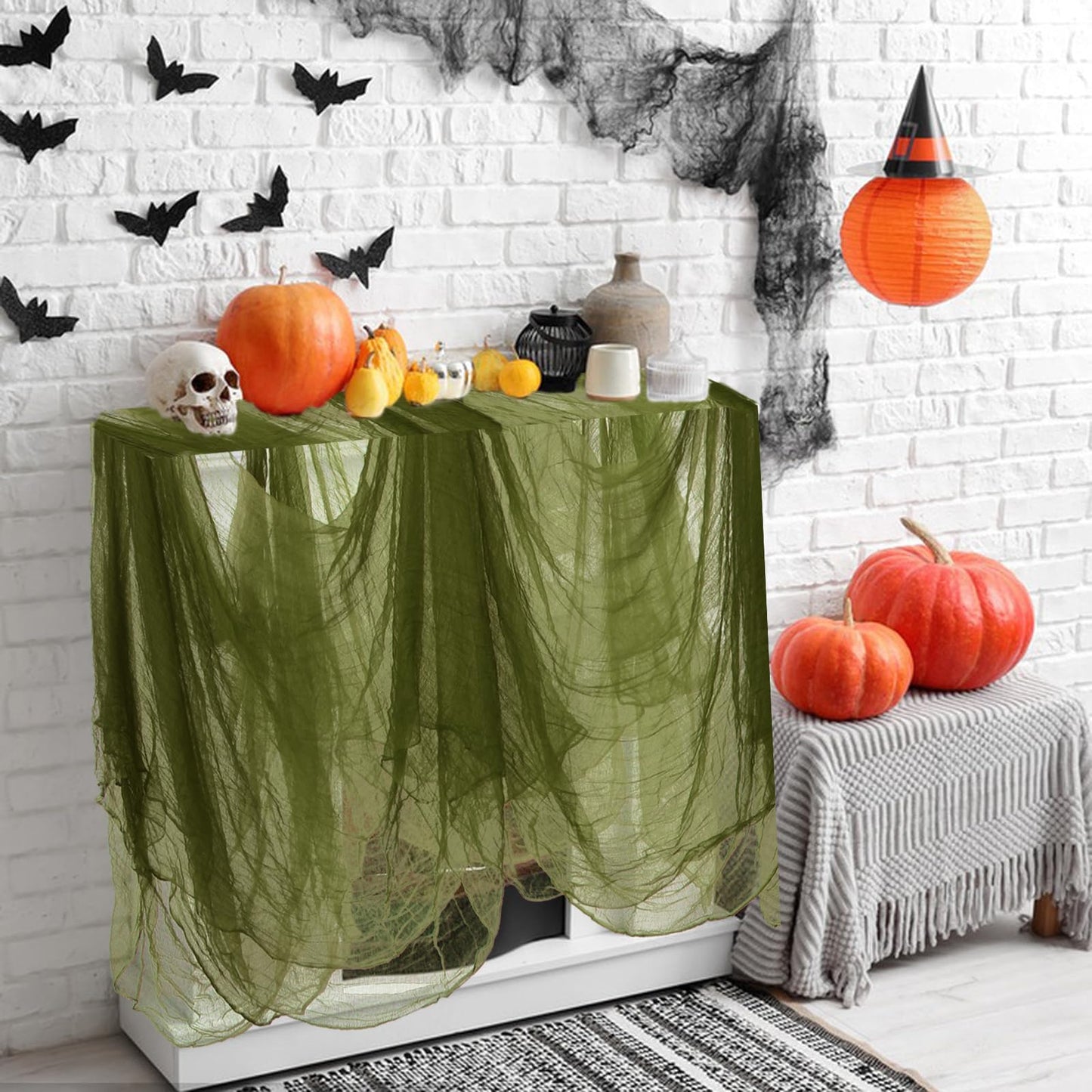 472 x 40 Inch Large Size Green Creepy Cloth Decoration Halloween Spooky Gauze Scary Hanging Fabric Cloth for Home Wall Yard Haunted House Halloween Party Supplies(472 x 40 Inch)