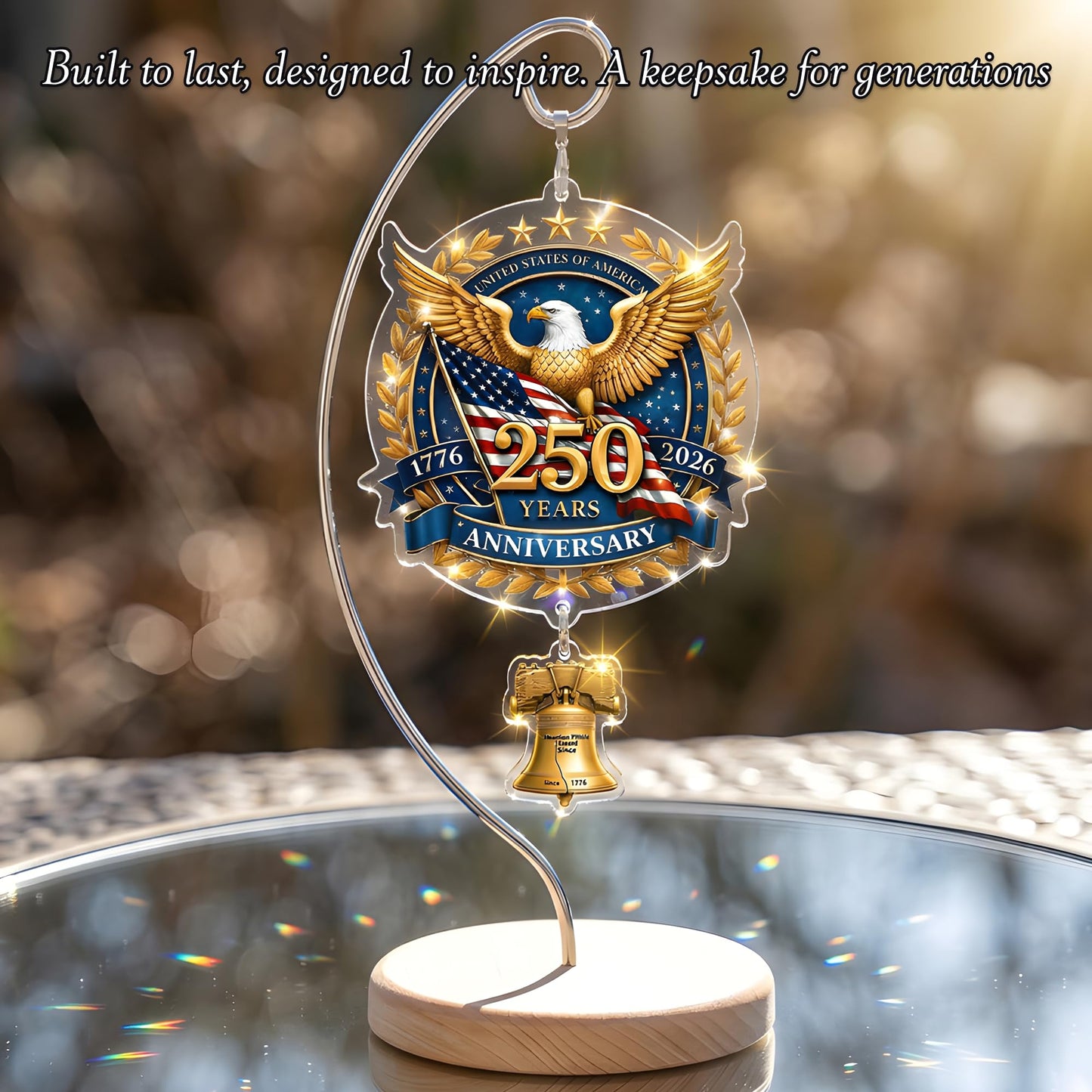 USA 250th Anniversary Tabletop Decor with Wooden Stand, American Patriotic Home Decor, Liberty Bell Ornament, 250 Anniversary USA Merchandise, Independence Day Desk Decoration, Gift for US Citizens