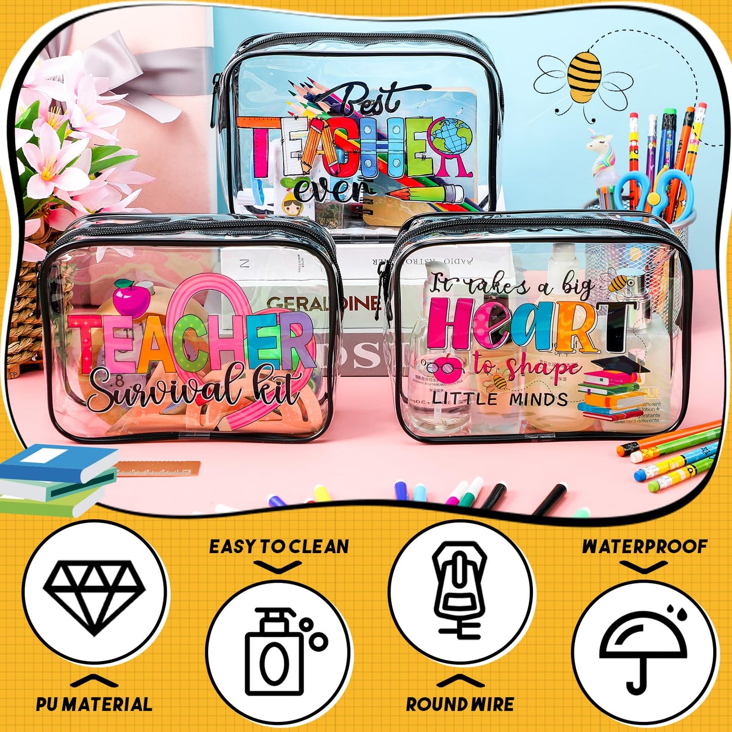 Cunno Makeup Bags Gifts for Women Teacher Beach Cruise Swim Nurse Dance Happy Graduation Gift Survival Kit Clear Cosmetic Bags PVC Waterproof Travel Toiletry Handbags Purses Organizer(Teacher)