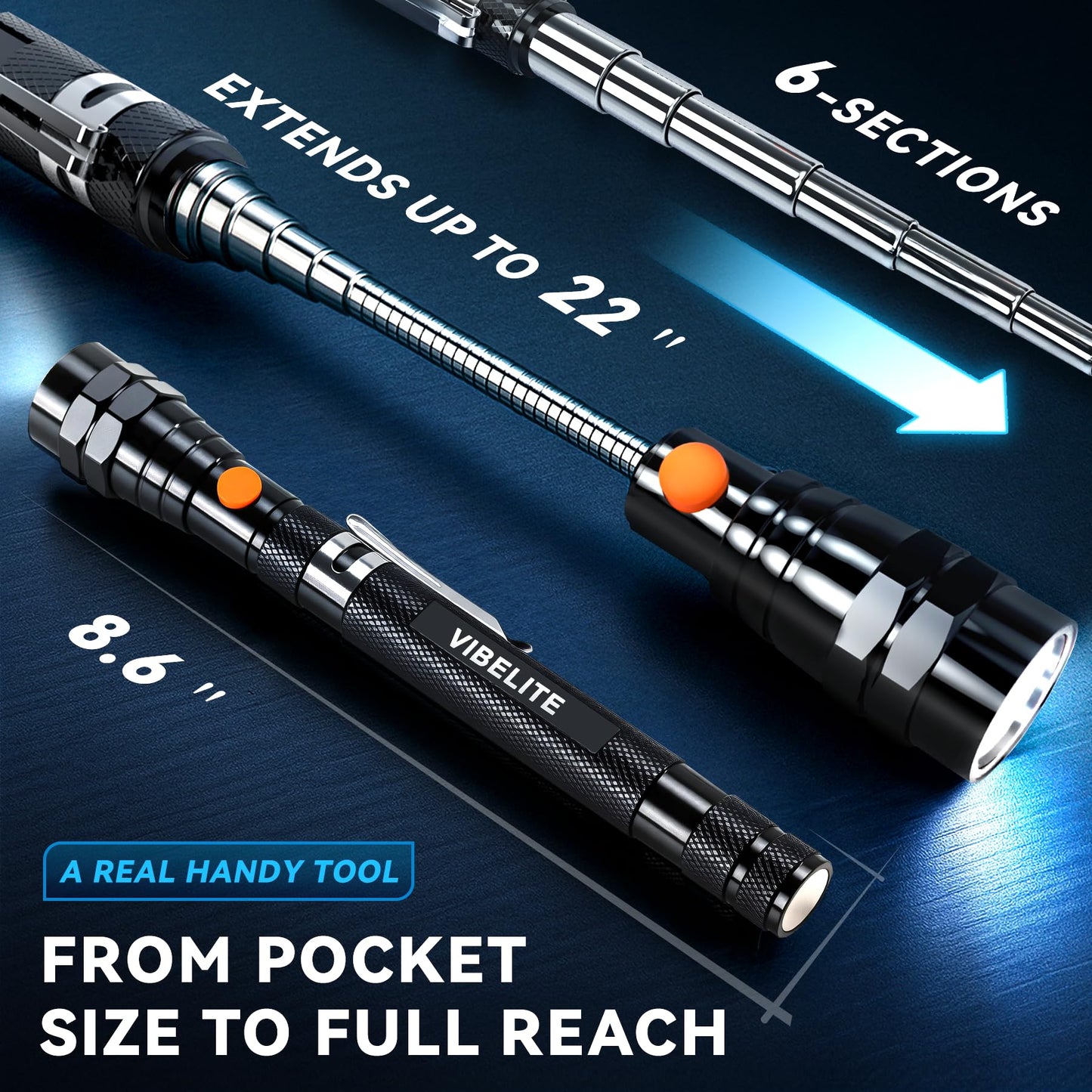 VIBELITE Extendable Magnetic Flashlight with Telescoping Magnet Pickup Tool-Cool Gadget Gifts for Men, Women, Him, Teen Boys, Husband, Dad, Father, Mechanic, Birthday Gifts for Men, Black