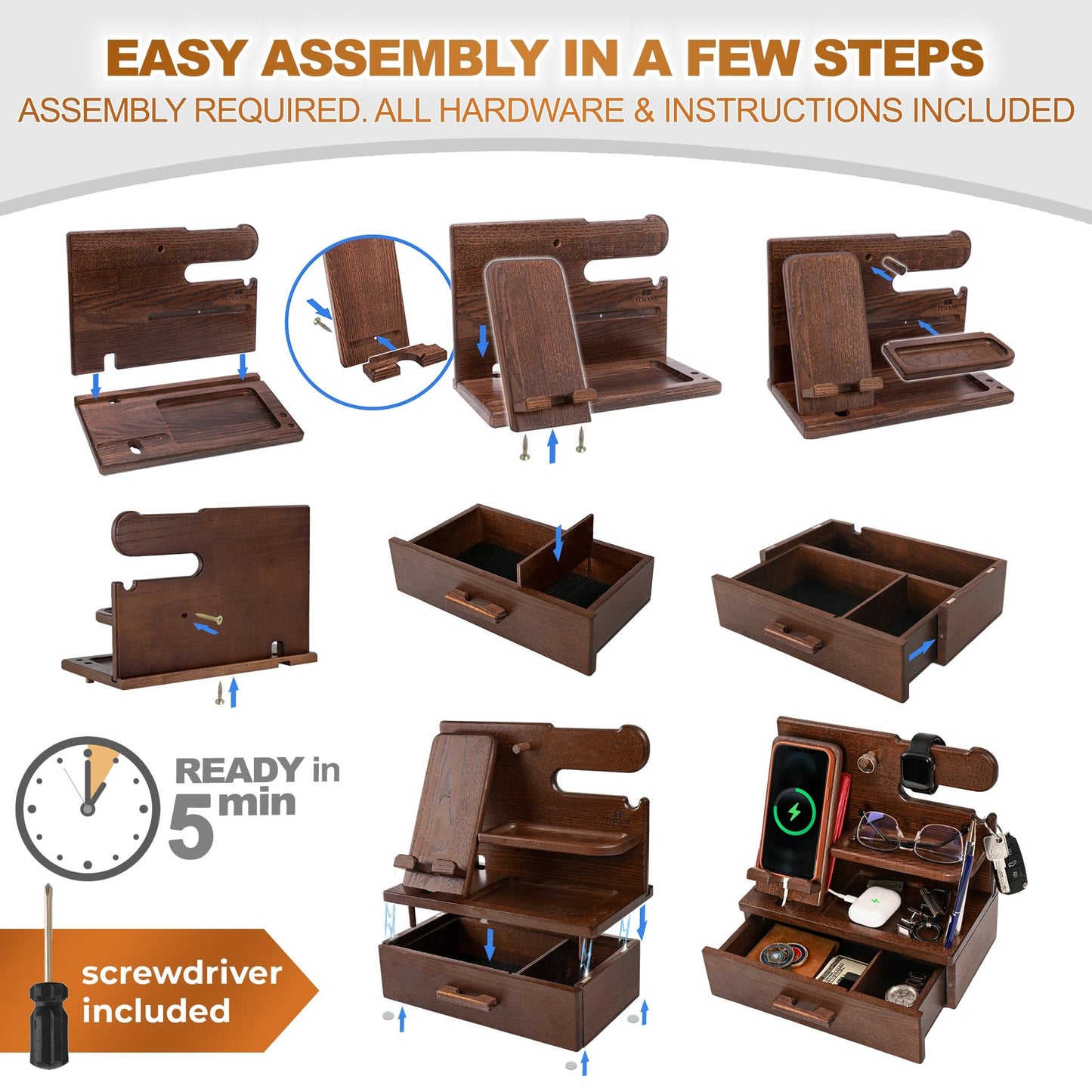 TESLYAR Wood Phone Docking Station with Drawer - Nightstand Organizer - Desk Organizer for Husband - Birthday Gifts for Men, Dad, Anniversary Idea, Key Holder Stand Watch & Accessories (Antique Brown)
