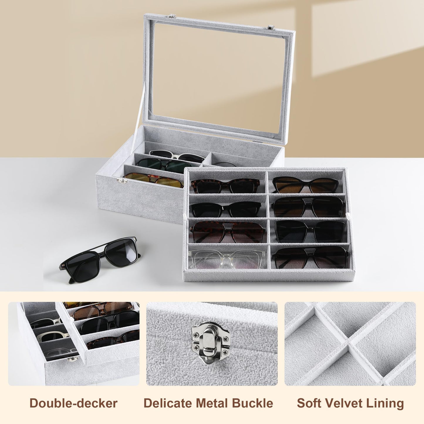 Frebeauty 16 Slots Sunglasses Organizer,2 Layer Velvet Sunglasses Tray with Glass Lid,Multiple Pairs Sunglass Display Case for Man or Woman,13.7 * 10.25 * 4.1 Inches Eyeglass/Eyewear Box (Grey)
