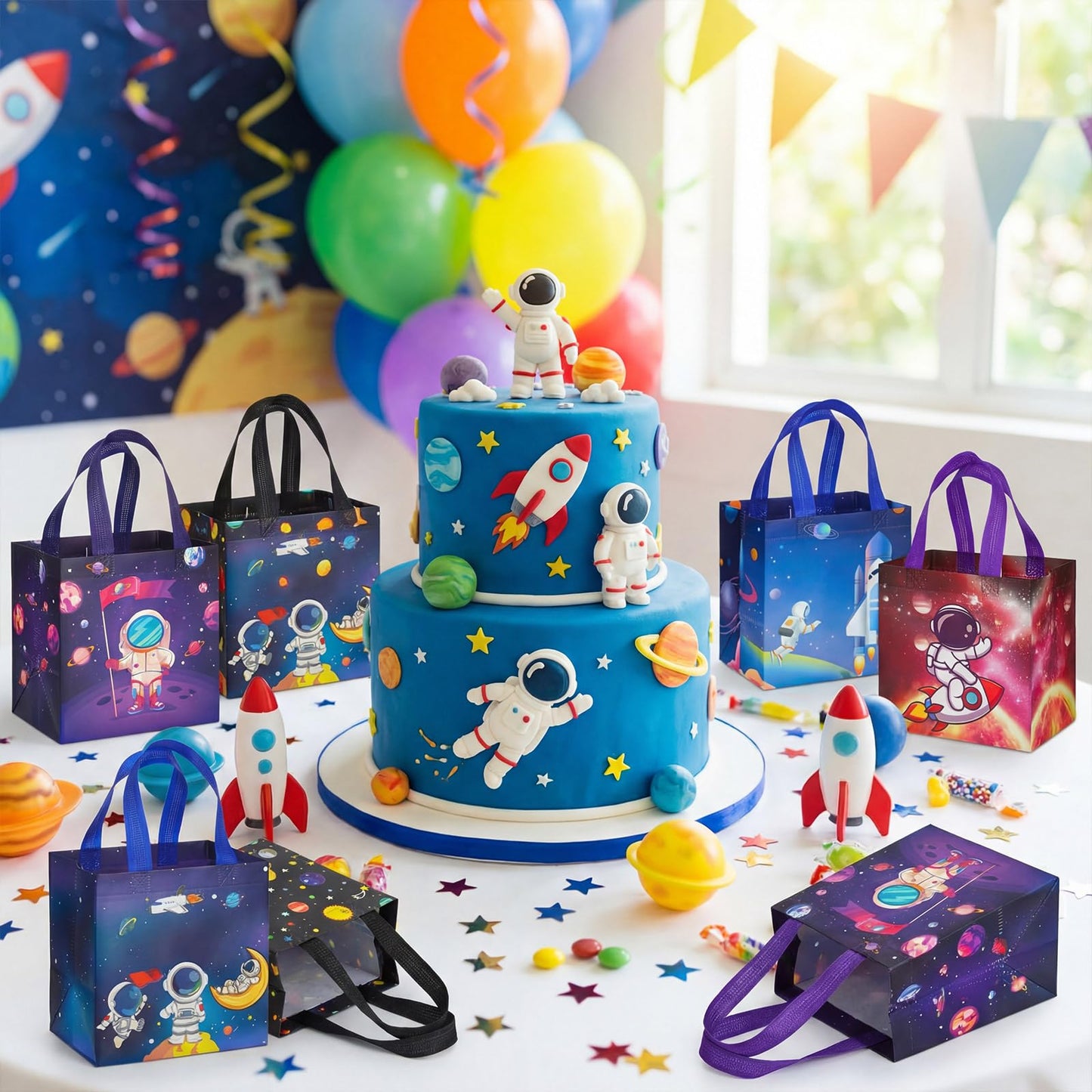 Kigeli 18 Pcs 6 Style Space Goodie Bags, Space Party Favors Large Non-woven Gifts Bags with Handles, Astronaut Planet Rocket Goodie Candy Tote for Baby Shower, Galaxy Theme Birthday Party Supplies
