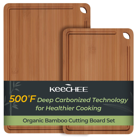 Keechee Butcher Block 2-Pcs Carbonized Bamboo Cutting Board Set With Juice Groove For Meal Prep & Cheese Serving - Ideal Kitchen Gift Set of 2 (M+L)