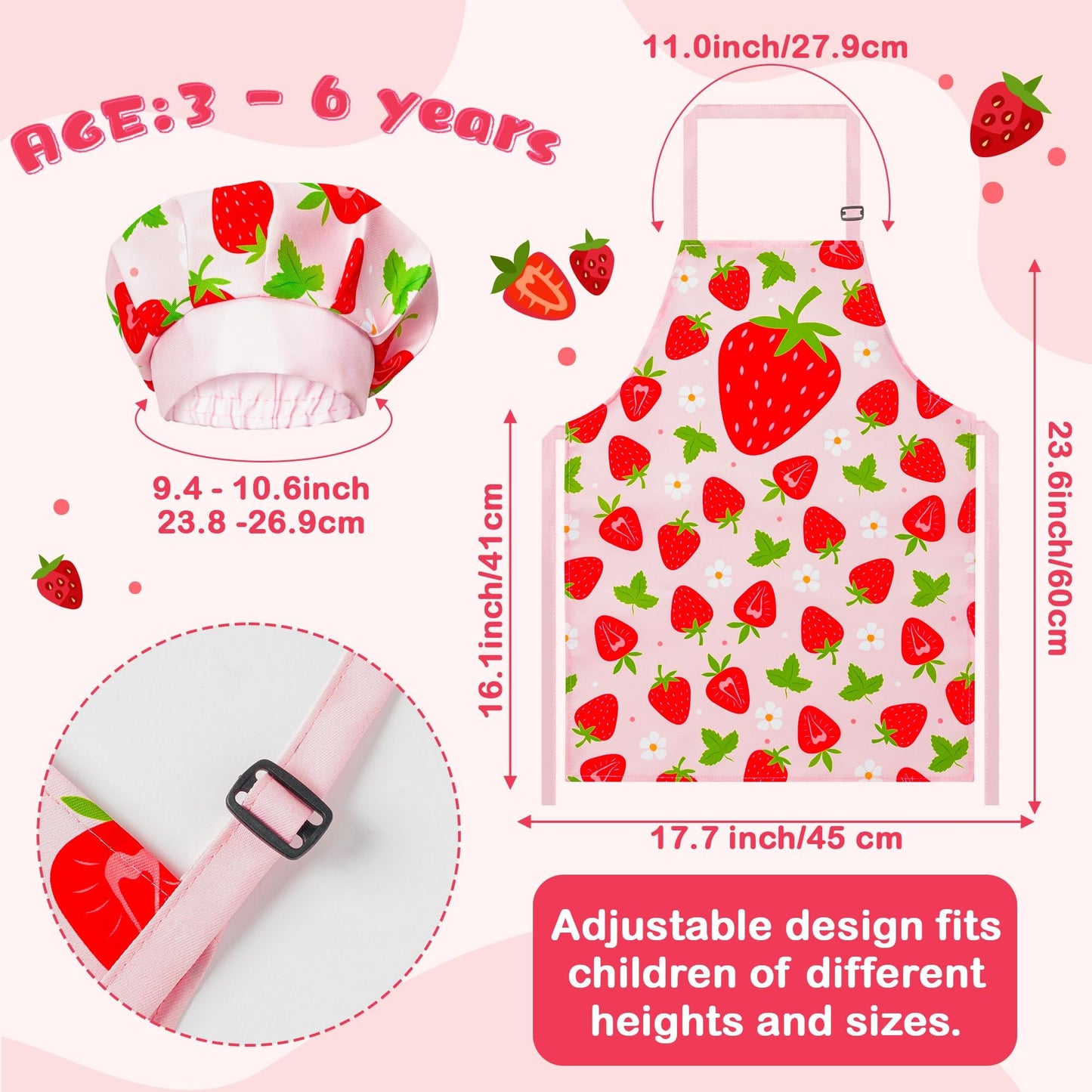 R HORSE Kid Apron and Chef Hat Set - 2Pcs Strawberry Adjustable Children Kitchen Toddler Apron for Girls Role Play Chef Toy Cooking Gift Birthday Gift for Kids Cooking Baking Painting and Training