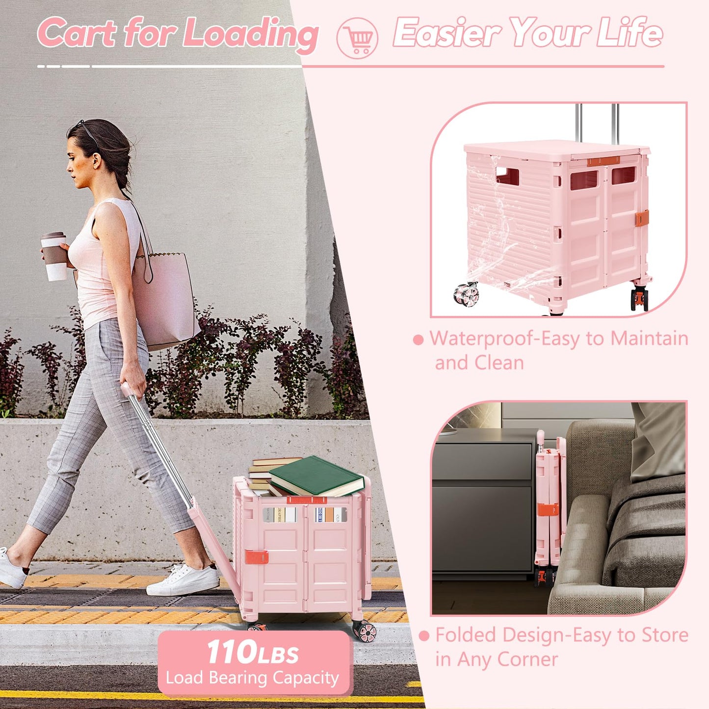 FELICON SELORSS Folding Utility Cart Rolling Crate Tote Basket Box Storage Handcart on 4 Swivel Wheels with Adjustable Handle Extended Magnetic Lid for Teacher Move Shop Travel Grocery Office(Pink)