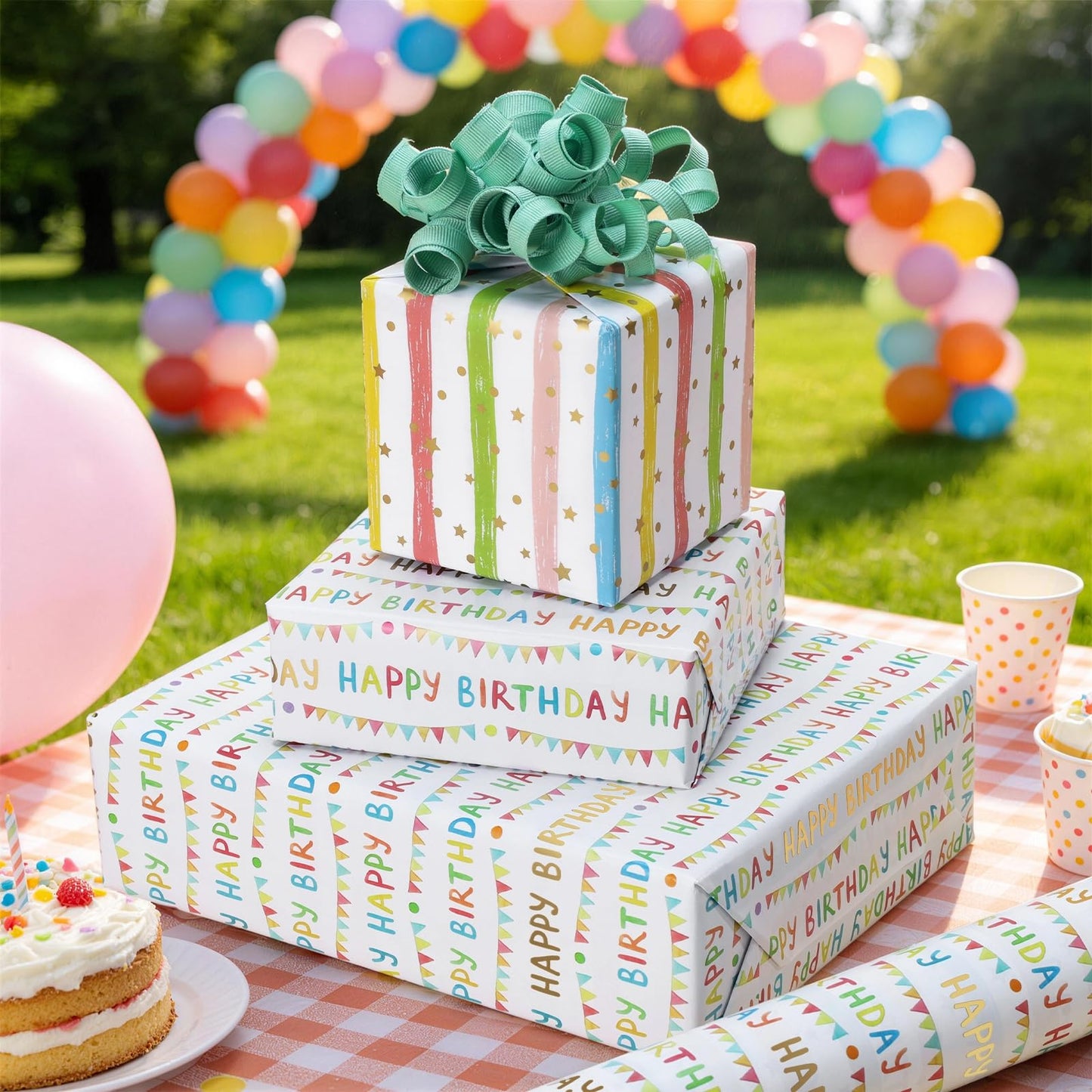 LaRibbons Reversible Happy Birthday Wrapping Paper, Colorful Birthday Lettering with Party Bunting, Stripe & Gold Foil Star Design on Back, Festive Gift Wrap for Party Celebration, Kids, Girls, Women, 17" x 33'
