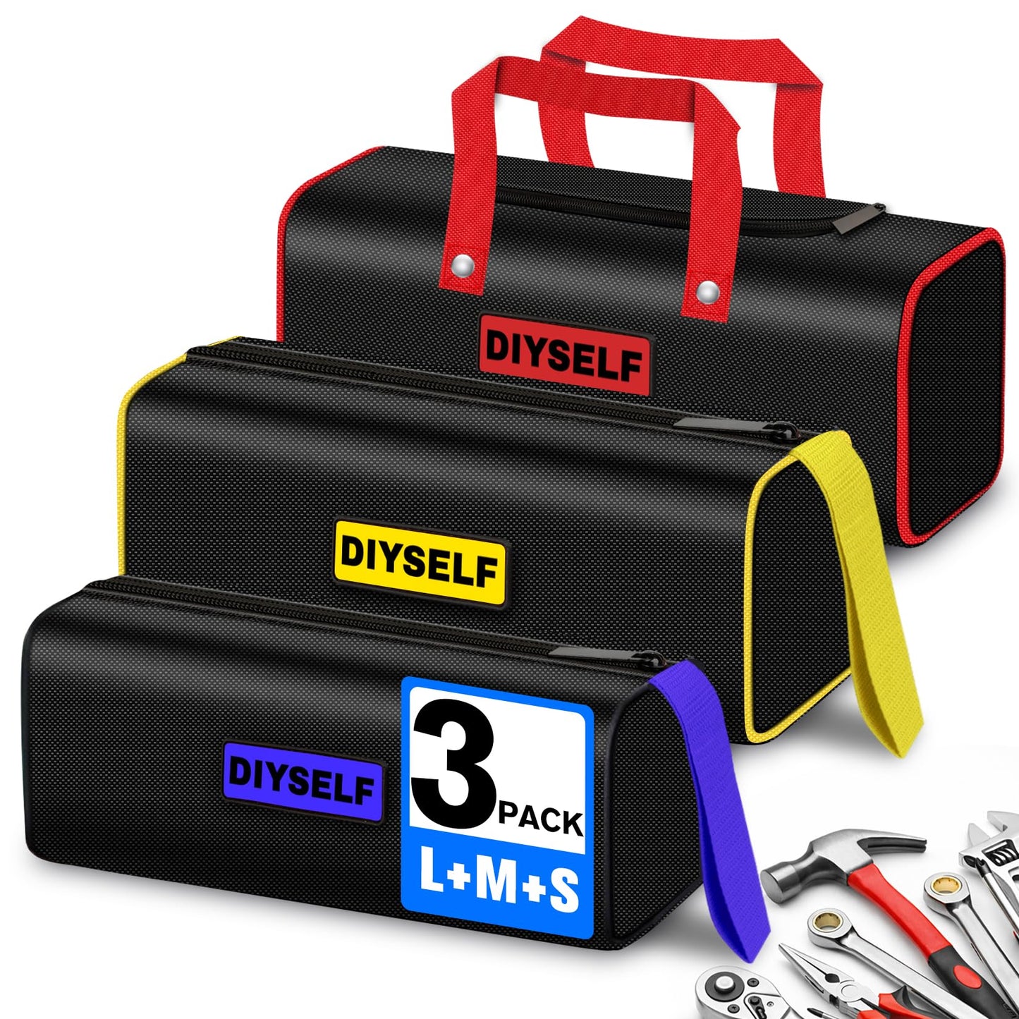 DIYSELF 3 Pack Tool Bag, Mixed Sizes up to 13" Portable Tool Bags for Men, Mechanics, Heavy Duty Storage Tools Bag with Handles, Waterproof Soft Utility Bag for Car, Mens Gifts for Dad, Him, Husband