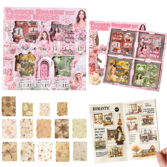 Cullevo 600PCS Spring Floral Scrapbook Stickers – Flower Shadow Spring Breeze Edition with Characters, Junk Journal Supplies + 28PCS Retro Background Paper & A6 Kraft Notebook