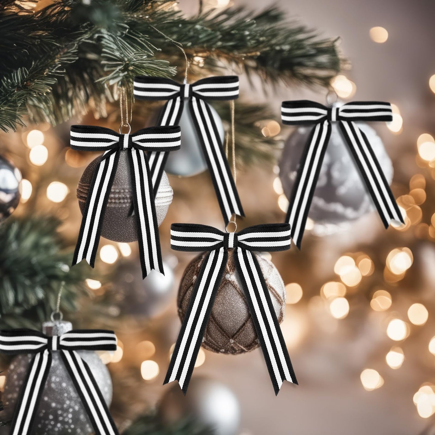 Riceshoot 24 Pcs 5x7 Black White Stripe Twist Tie Bows for Christmas Tree Memorial Gift Wrapping Bag Xmas Decoration Ribbon for Gothic Spooky Holiday Birthday Party Wreath DIY Craft (1 Inch Wide)