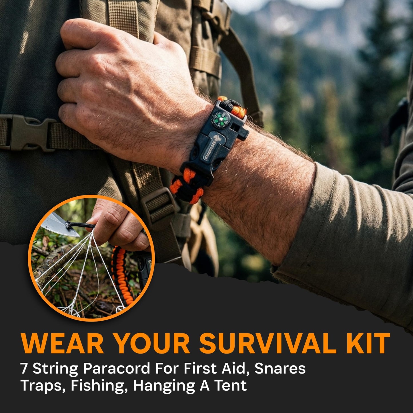 133 SUPPLY Tactical Paracord Compass Hiking Survival Bracelet Men Dad Gifts Camping Accessories Hiking Gear Women Hunting Gear Fishing Essentials Flint Steel Tool Fire Starter Kit Whistle Bear Safety