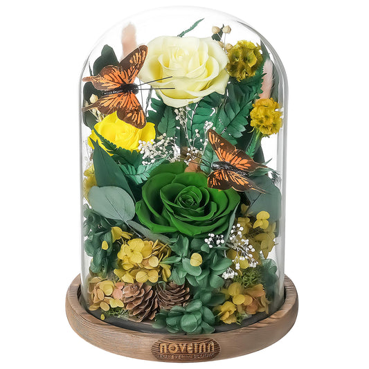 NOVEINN Preserved Flowers in Glass Dome - Eternal Rose Arrangement with Real Preserved Plants, Romantic Forever Rose Gift for Women - Anniversary, Birthday, Mother’s Day, Home Decor(Yellow)