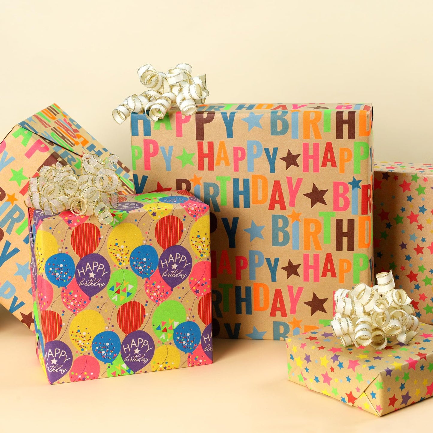 BIOBROWN Kraft Birthday Wrapping Paper - Mini Roll - 17 inch X 120 inch Per Roll - Colorful Text Happy Birthday Balloon Star Design for Party, Baby Shower, Holiday