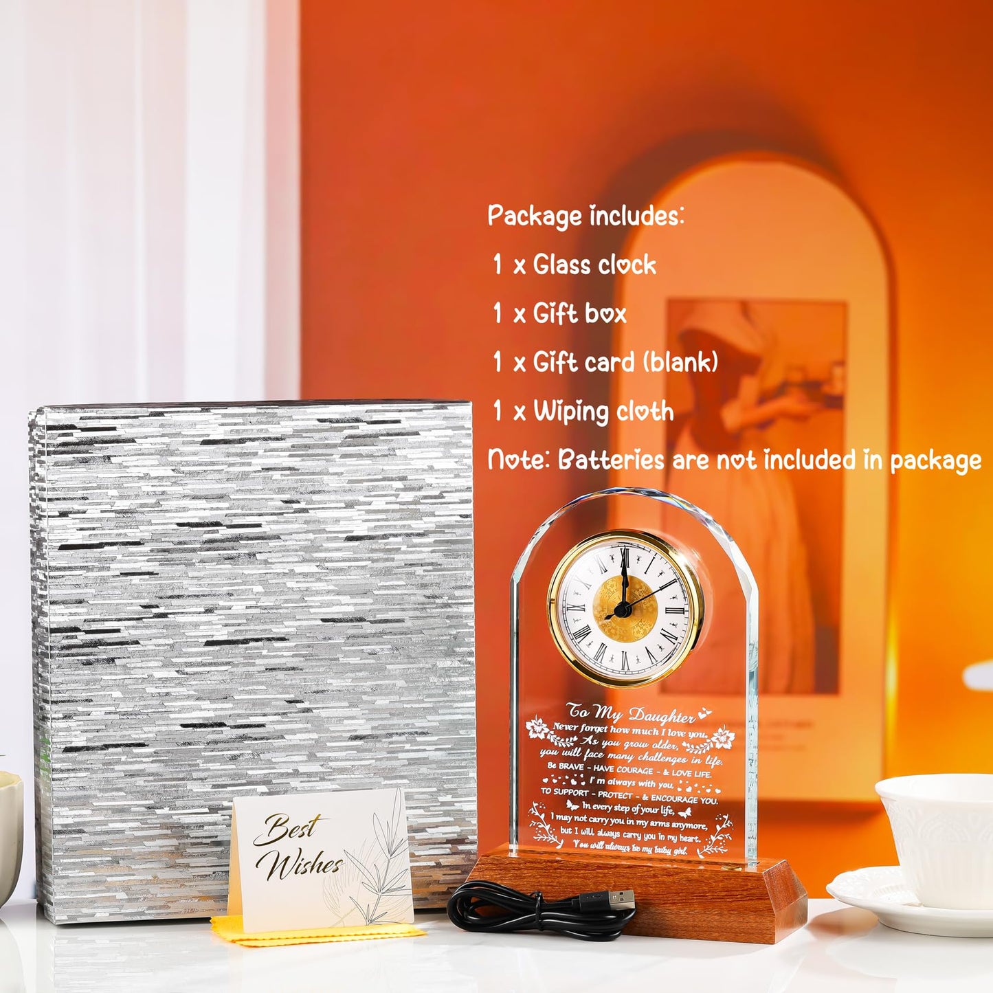 Arikyrist Daughter Gifts from Mom Dad Glass Daughter Clock with Wooden LED Light Base Inspirational Birthday Christmas Graduation Gift for Daughters Lovely Decor for Table Home
