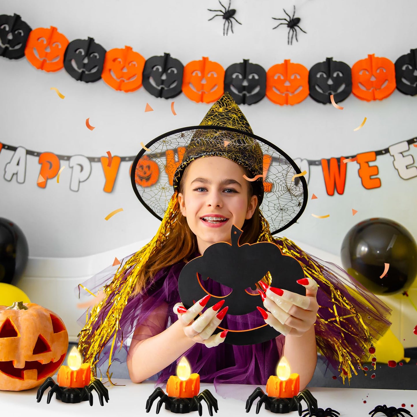 YBB 6 Pcs Halloween Spider Tea Lights, Novelty LED Flameless Spider Candle Holder Battery Operated Orange Tea Lamps for Halloween Party Table Home Spooky Decor