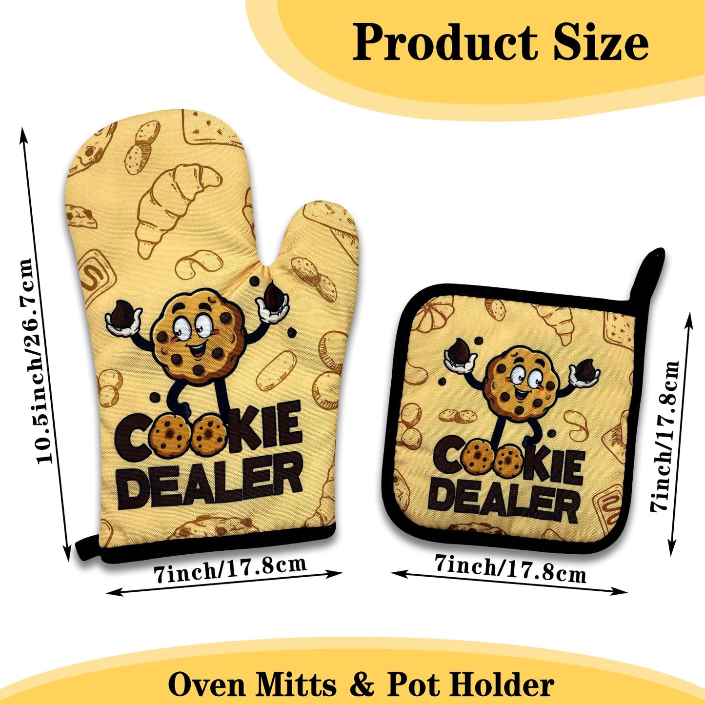 NAHMAKNE Funny Cookie Oven Mitts and Pot Holders Set of 3, Cookie Dealer, Heat Resistant Non-Slip Kitchen Mitts Hot Pads, Chef Baking Gifts for Mom Wife, Birthday Gifts for Women Men Friend Bakers