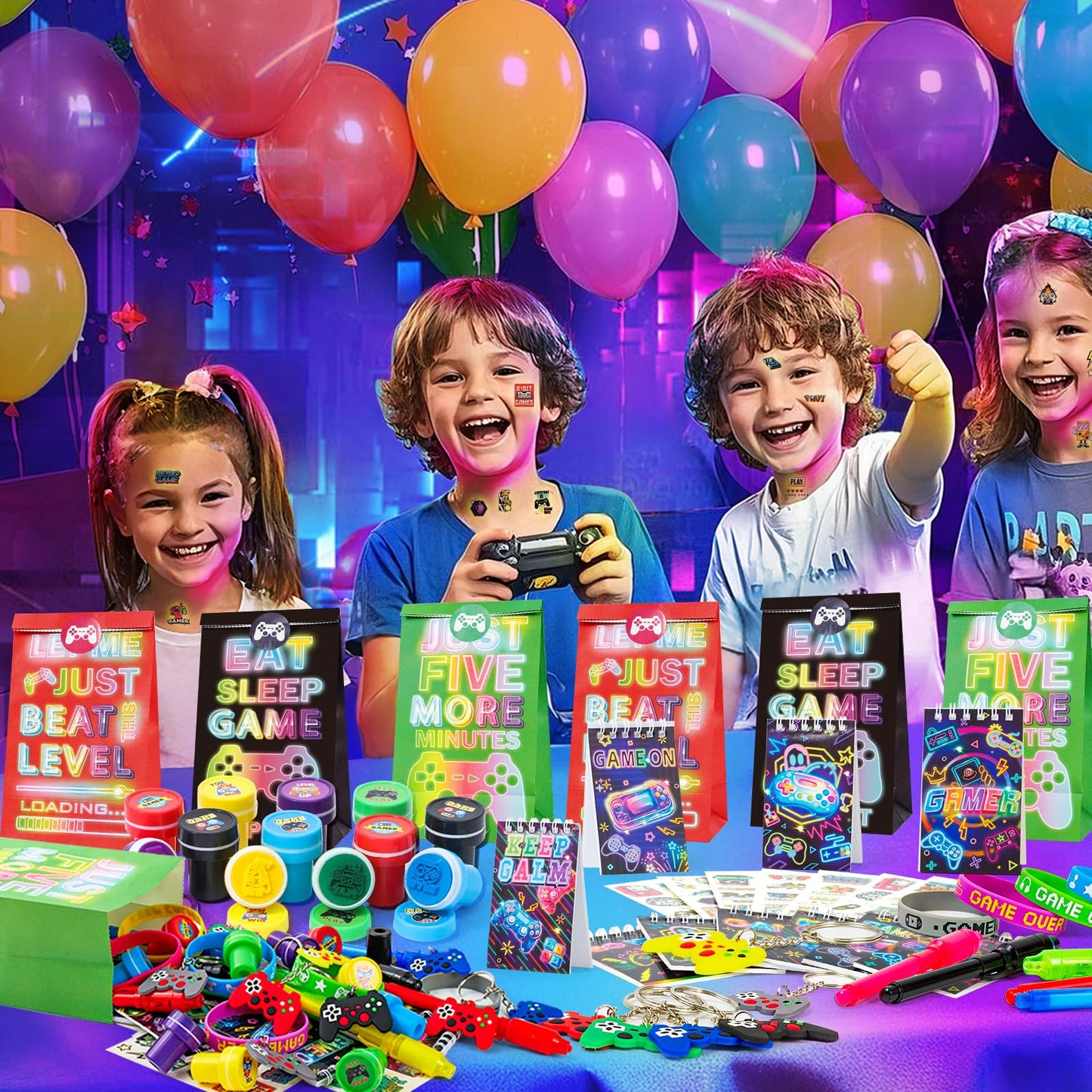 SNLN Video Game Party Favors Gamer Birthday Supplies Kids Notebook Invisible Ink Pen Paper Bag Silicone Bracelet Stamper Keychain Glow Tattoo Sticker Gaming Game On Party Favors Goodie Stuffers Decor