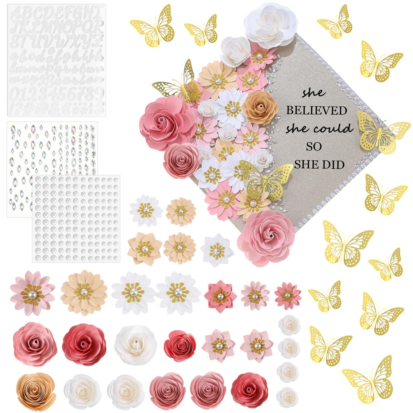 Thiccywoov 43 Pcs Graduation Cap Decorations Kit Includes Artificial Flowers Faux Flower Heads 3D Butterfly Stickers Pearl Rhinestones Glitter Stickers for Grad Cap Topper DIY Graduation Gift(Pink)
