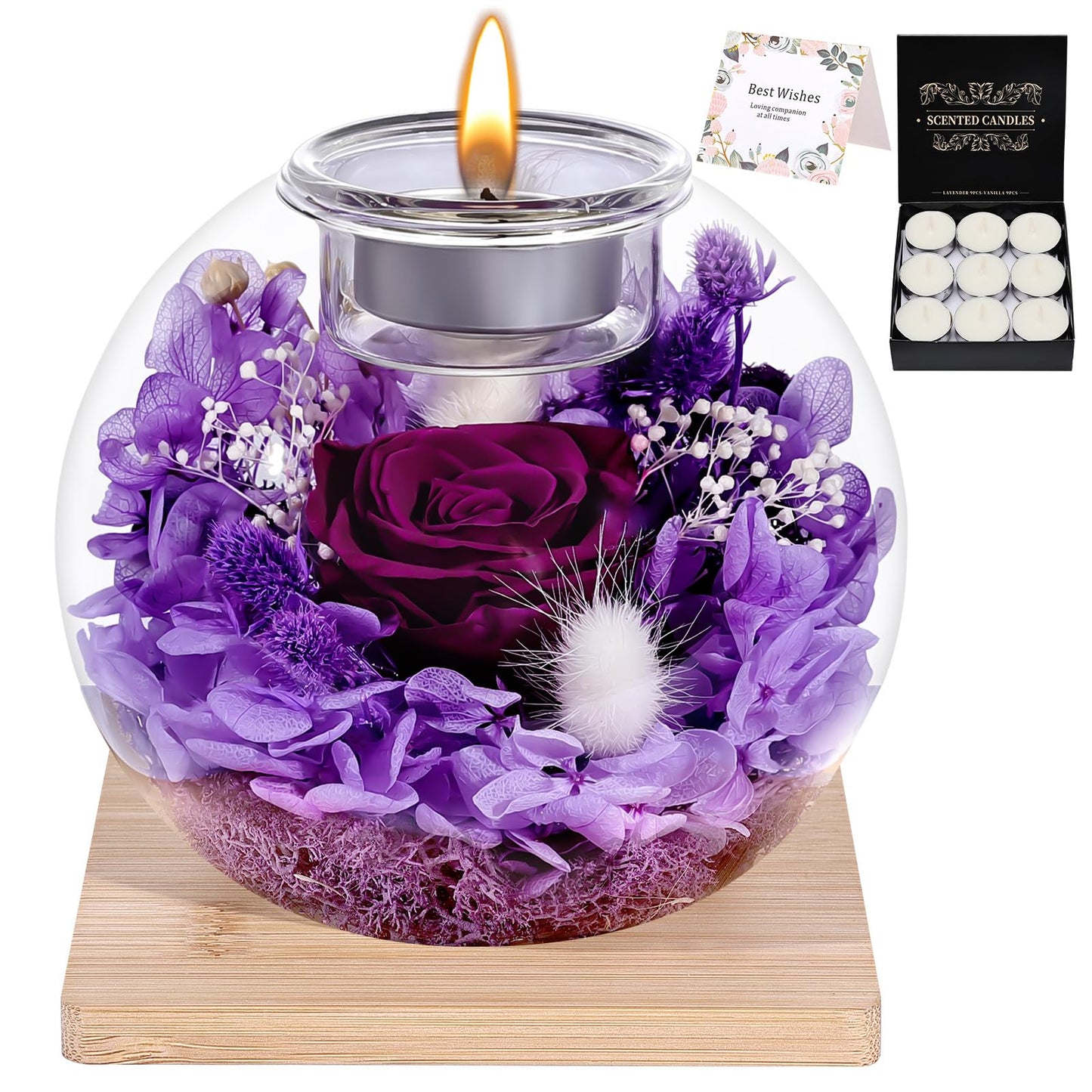 NERCHVO Preserved Rose in Glass Dome with Scented Candles, Romantic Gift for Women, Birthday for Girlfriend, Wife, Mom