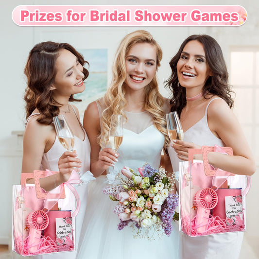 Talltalk 6 Sets Baby Shower Prizes for Game Wedding Bridal Shower Winners Gifts Guest Favors Luggage Tag Handheld Fan Cup Notebooks Silk Eye Mask Ballpoint Pen Card Bags(Pink)