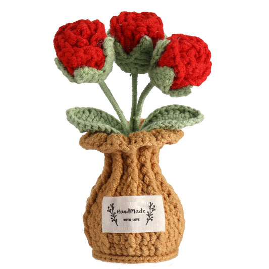 YOOJEE Crochet Rose Flower Potted Plant – Red, Valentines Day Gift for Her, Handmade Knitted Romantic Desk Decor