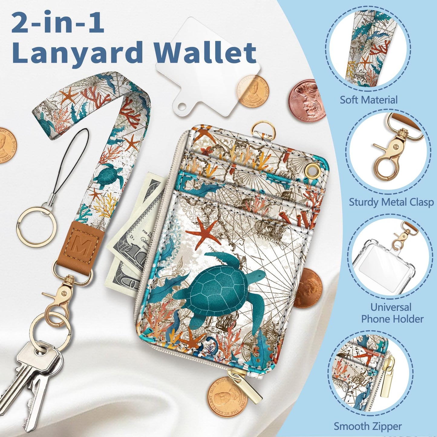 Mavellin Lanyard Wallet with Id Badge Holder, Sea Turtle RFID Small Keychain Wallet Women Wristlet, Cute Zipper Credit Card Holder Phone Wrist Neck Strap for Key Name Tag, Teacher Student Office Gifts